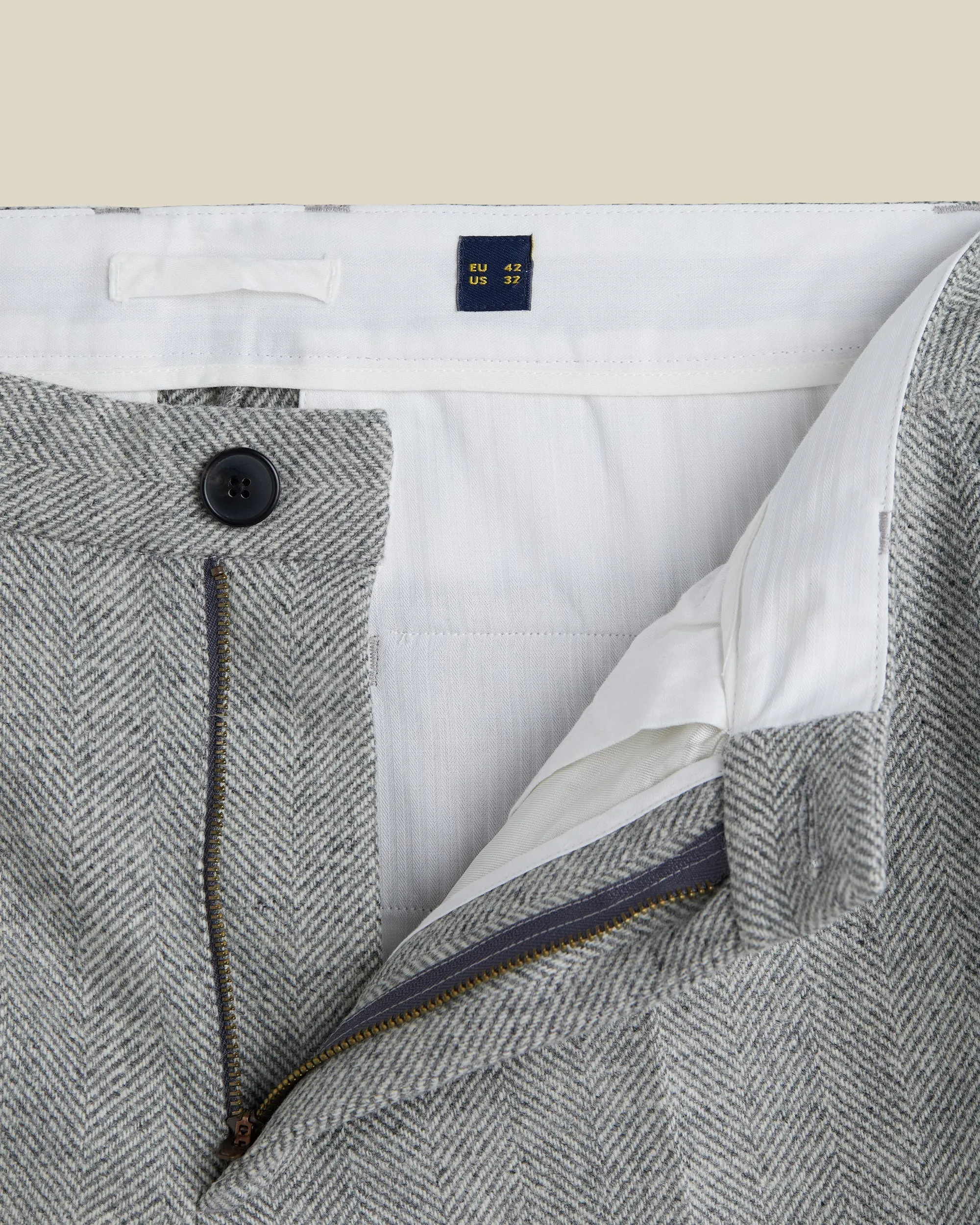 Single Pleat Herringbone Wool Trousers - Light Grey sold by Portuguese Flannel product image thumbnail 3