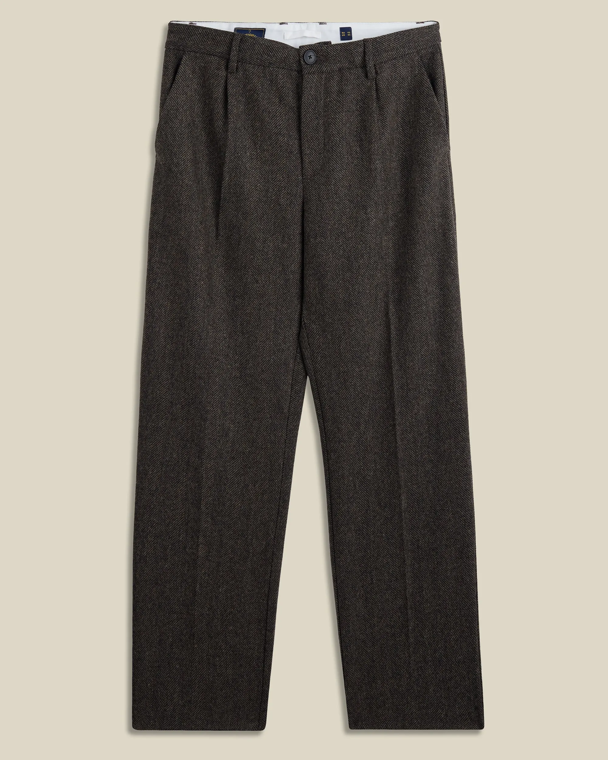 Single Pleat Herringbone Wool Trousers - Brown sold by Portuguese Flannel