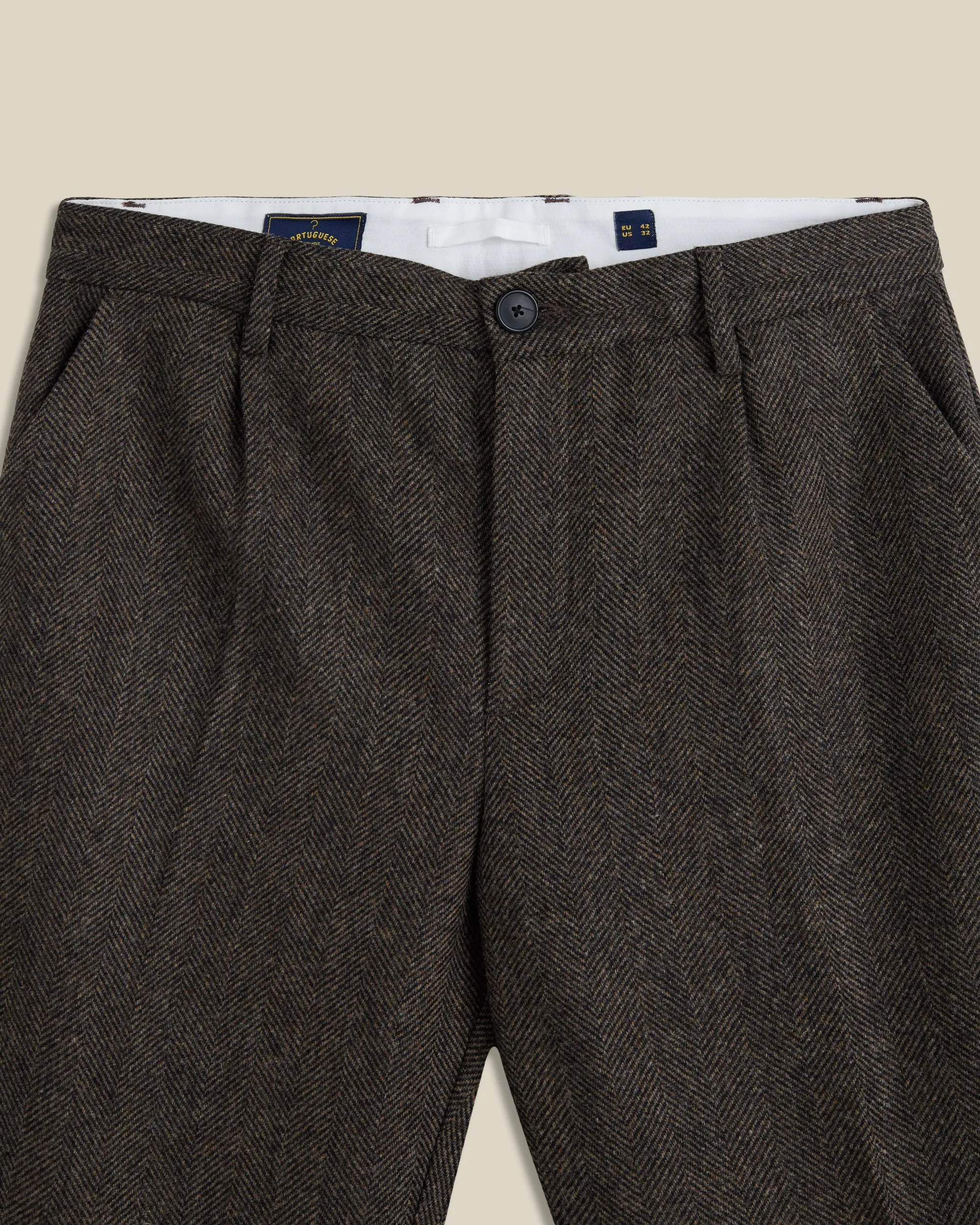 Single Pleat Herringbone Wool Trousers - Brown sold by Portuguese Flannel product image thumbnail 2