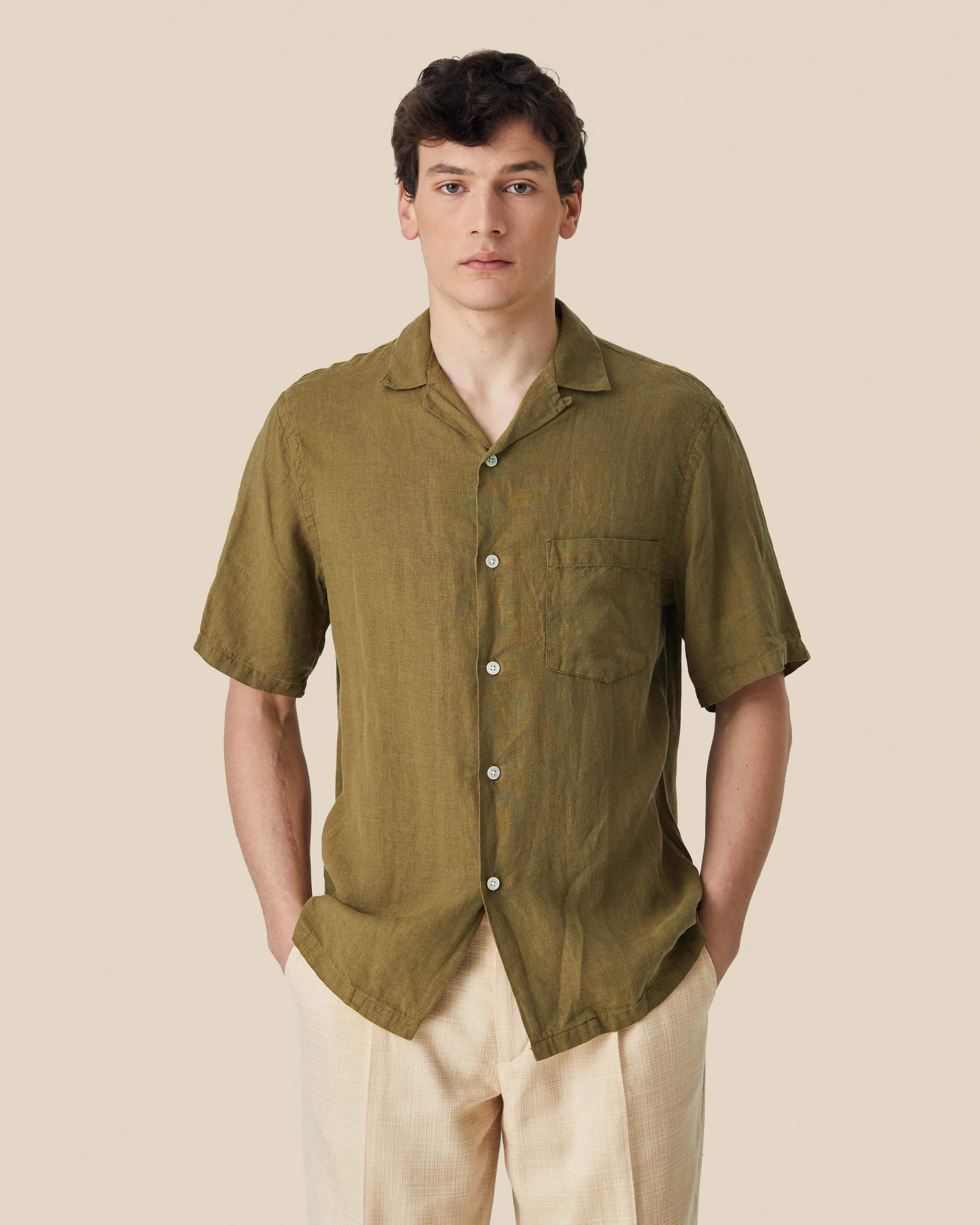 LINEN CAMP COLLAR - OLIVE sold by Portuguese Flannel