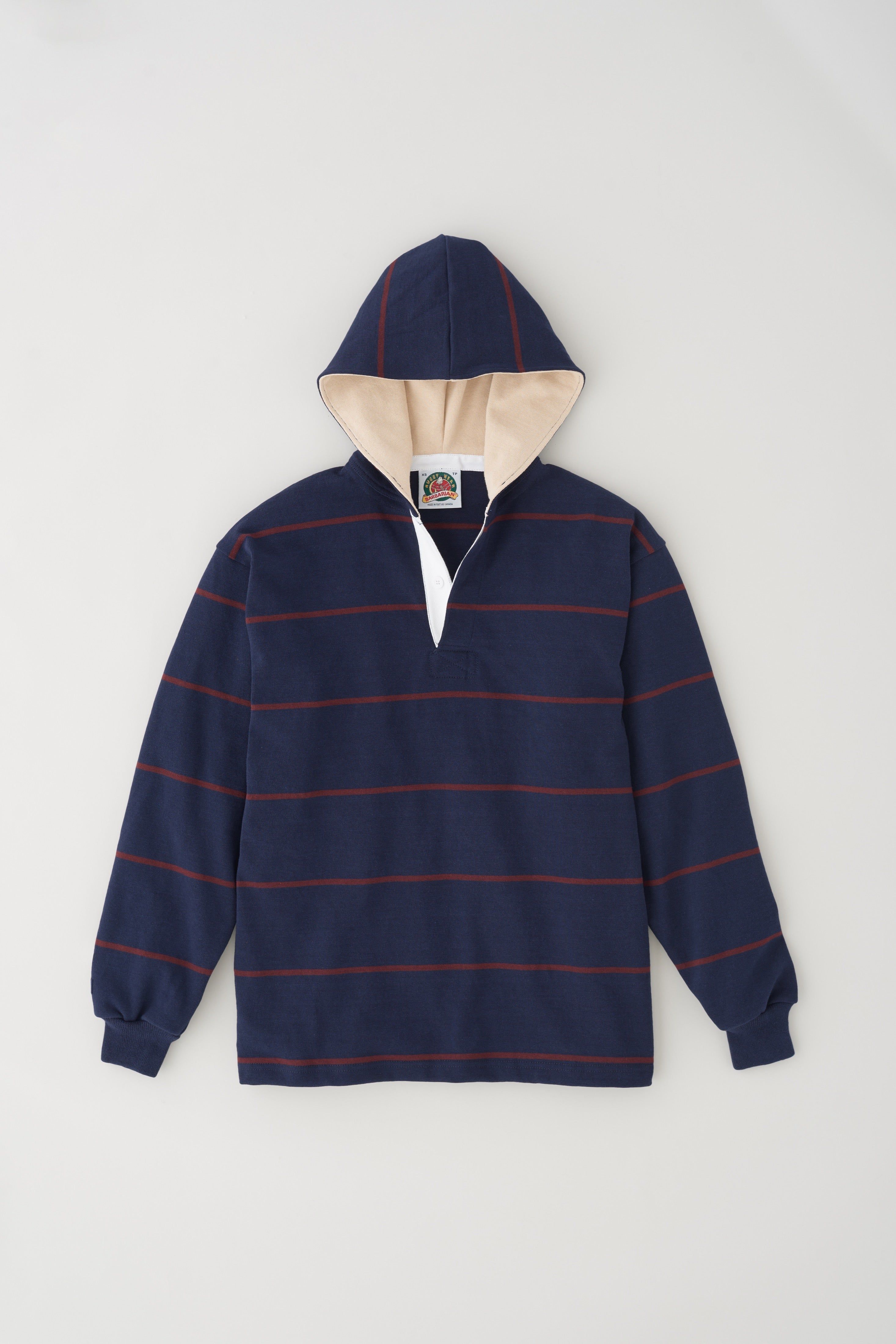 Men's Barbarian Rugby Hoodie in Navy/Port Stripe sold by Kotn product image thumbnail 5