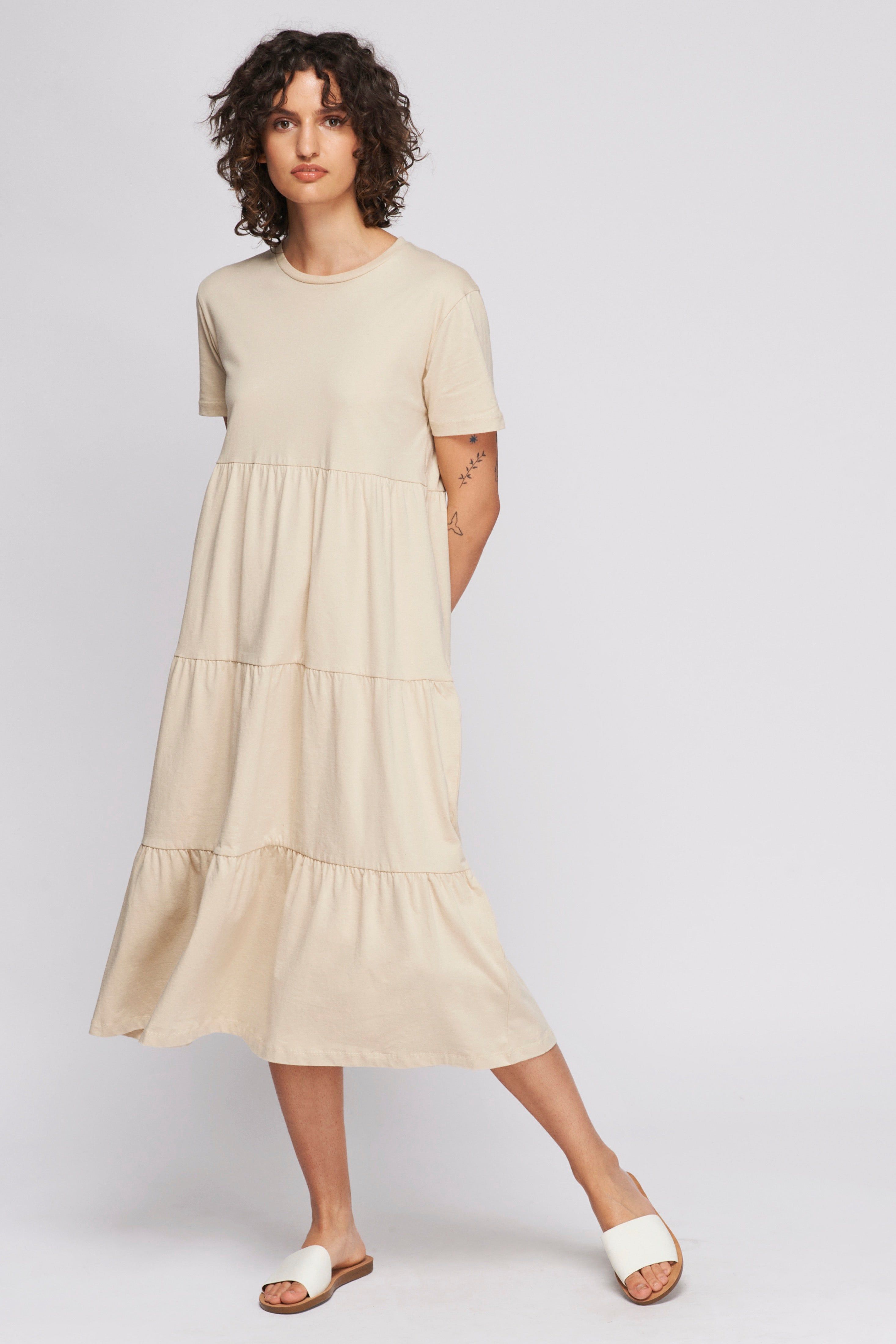 Women's Midi Babydoll Dress in White Sand sold by Kotn