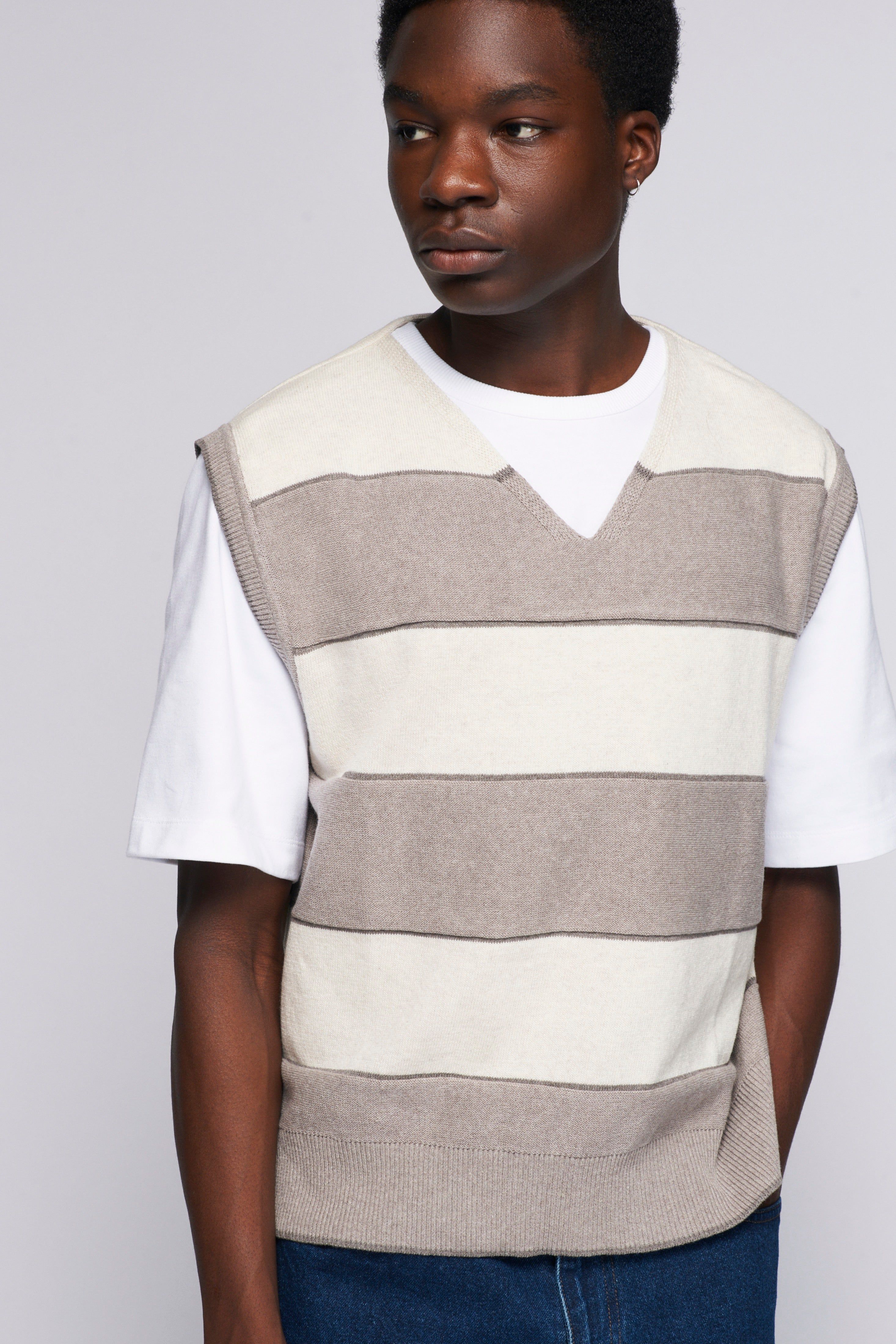 Men's Fine Knit Vest in Alabaster Stripe sold by Kotn product image thumbnail 3