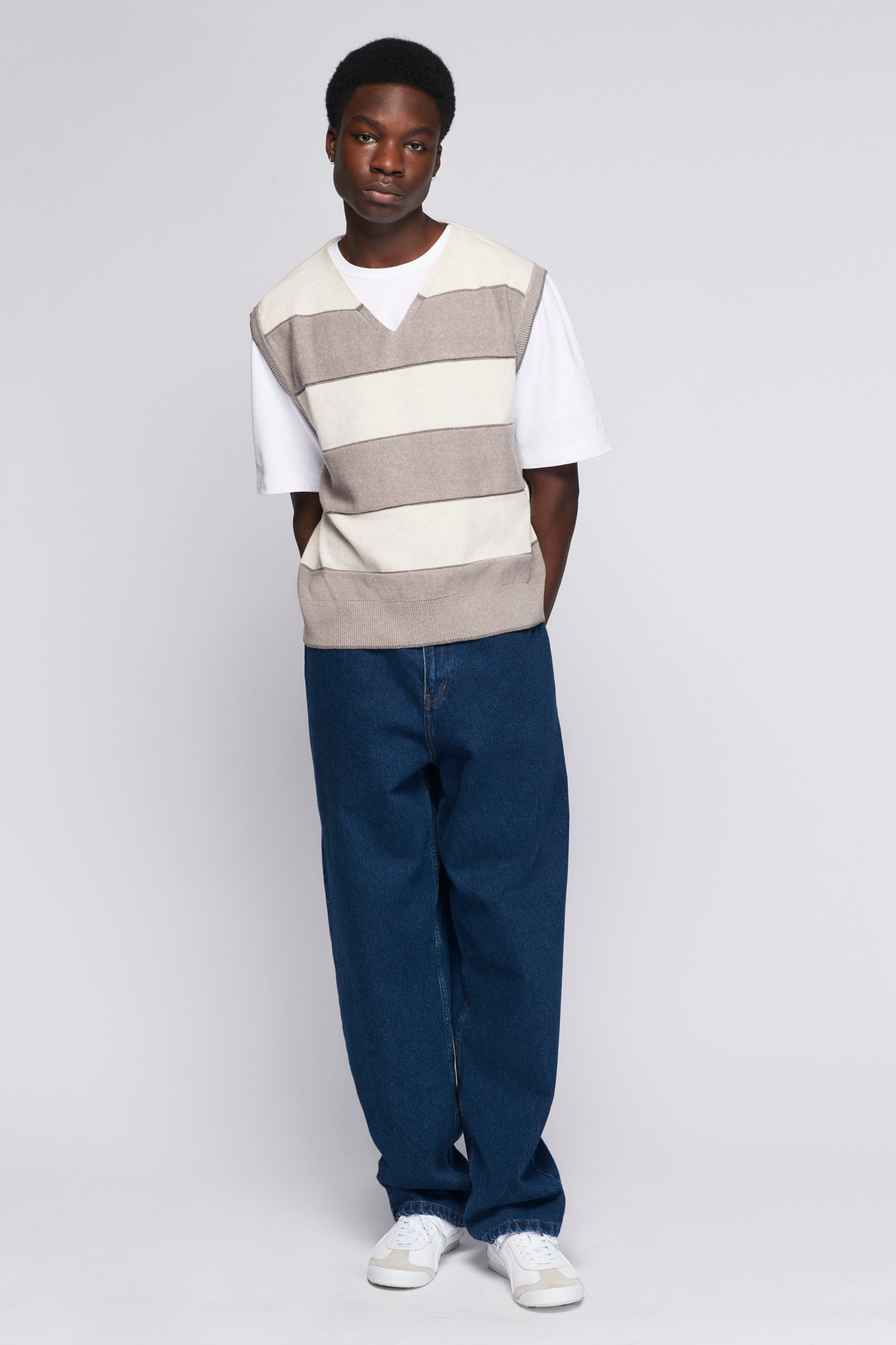 Men's Fine Knit Vest in Alabaster Stripe sold by Kotn