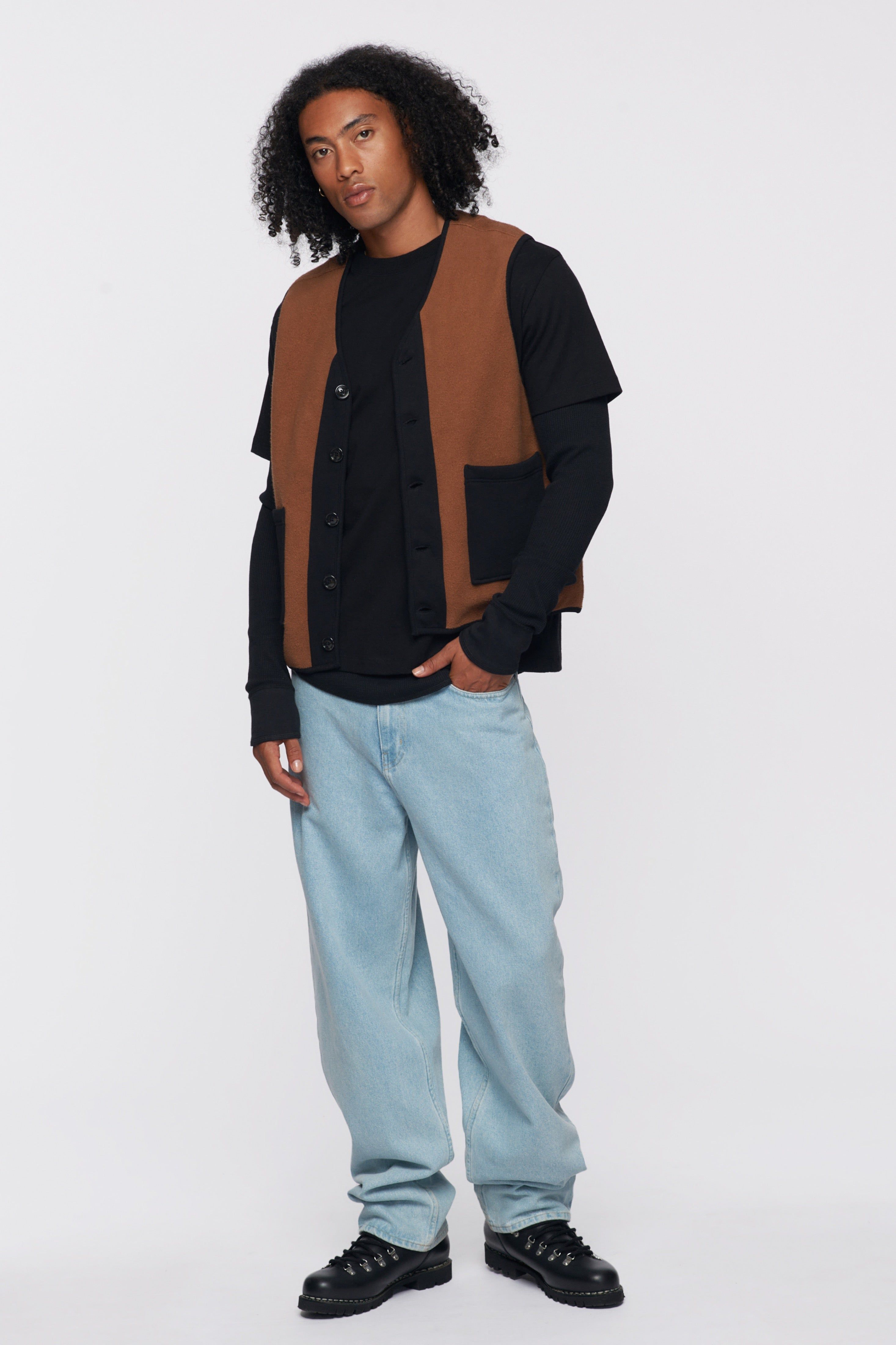 Unisex Reverse Fleece Vest in Acorn/Black sold by Kotn