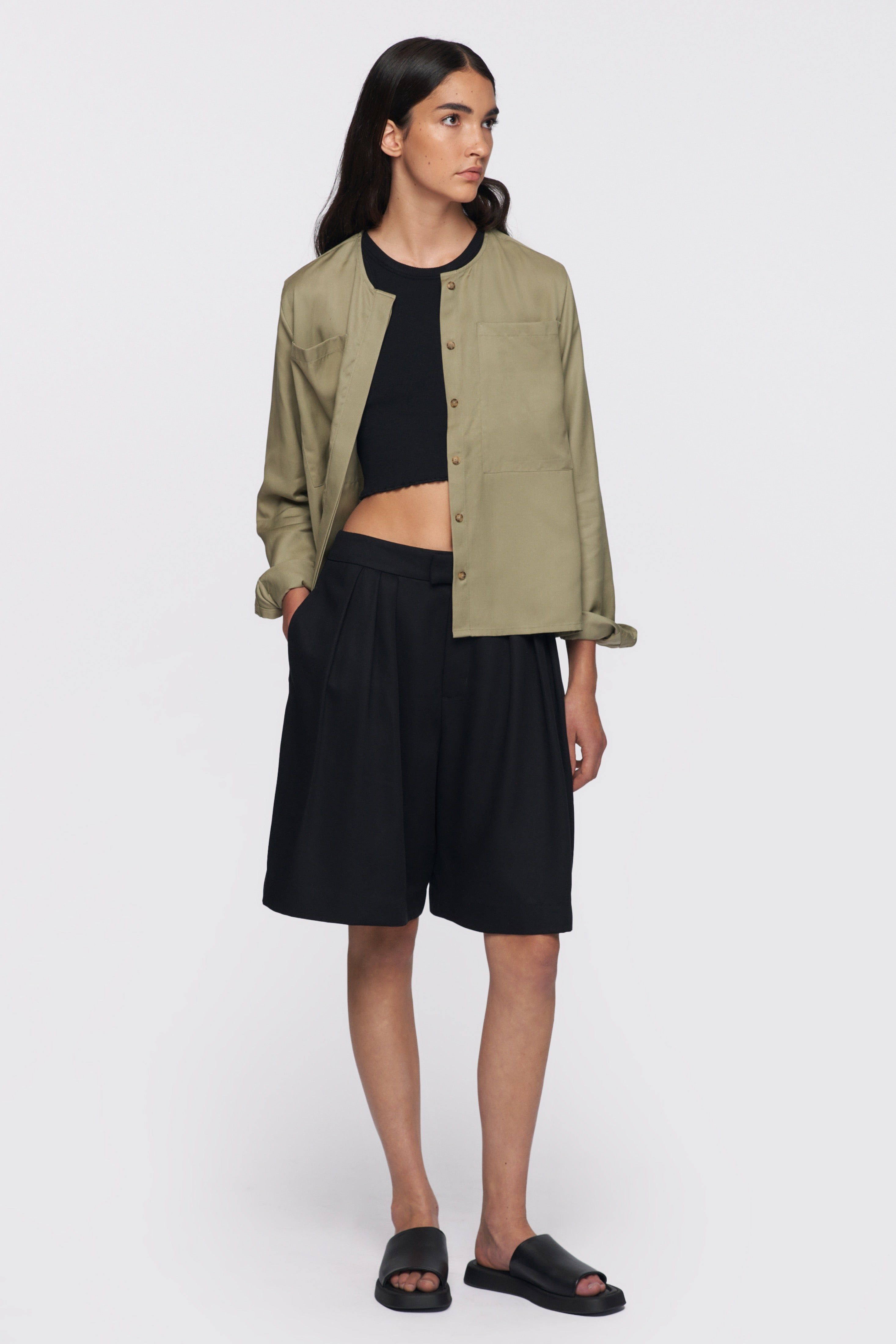 Women's Collarless Shirt in Fog sold by Kotn