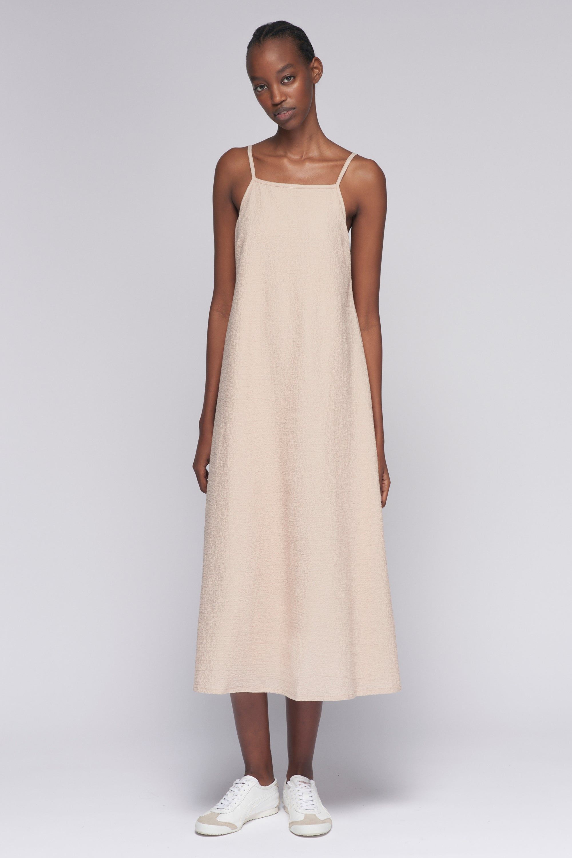 Women's Seersucker Dress in Desert sold by Kotn