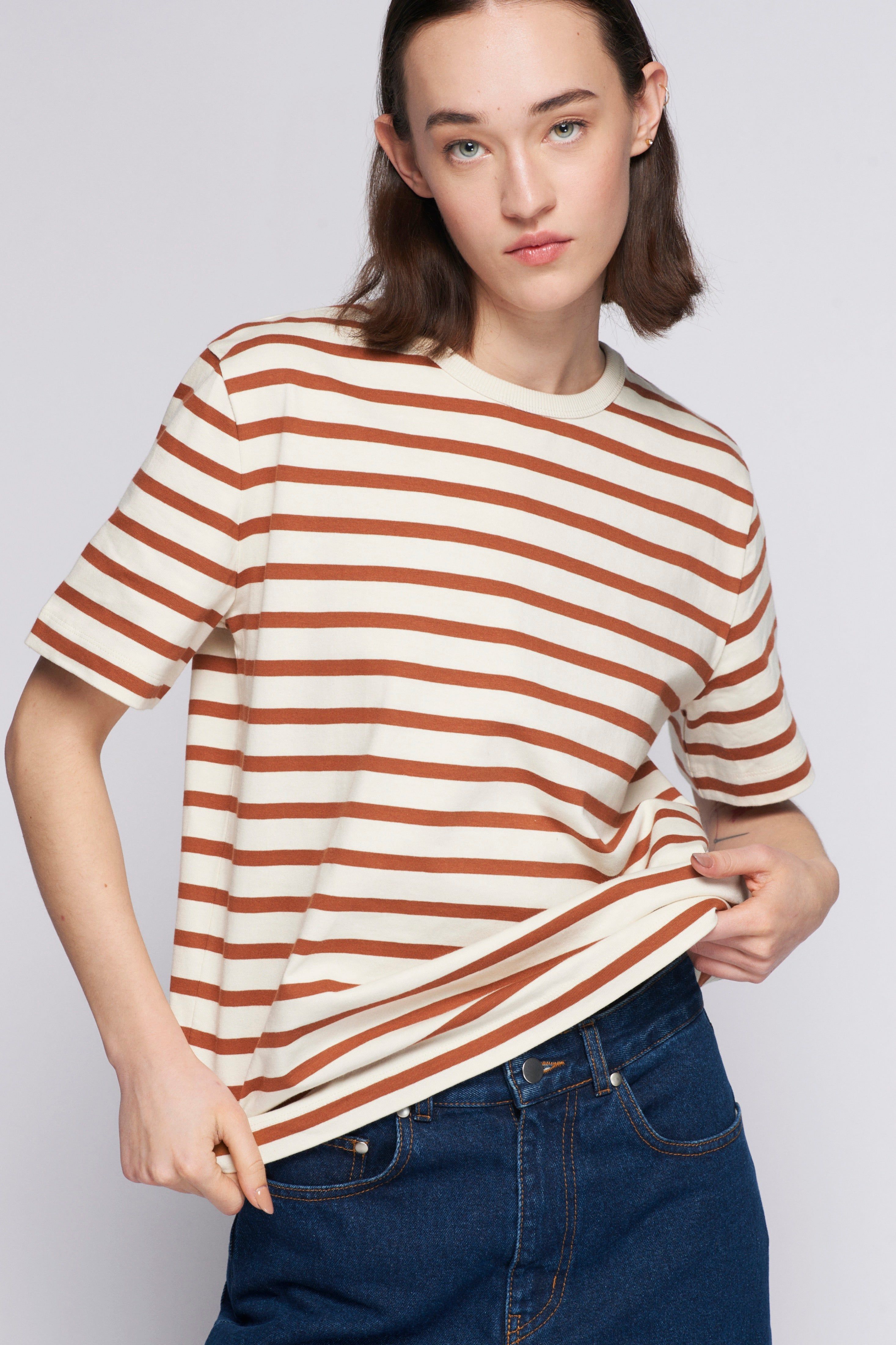 Unisex Stripe Heavyweight Box Crew in Marshmallow/Terracotta sold by Kotn product image thumbnail 3
