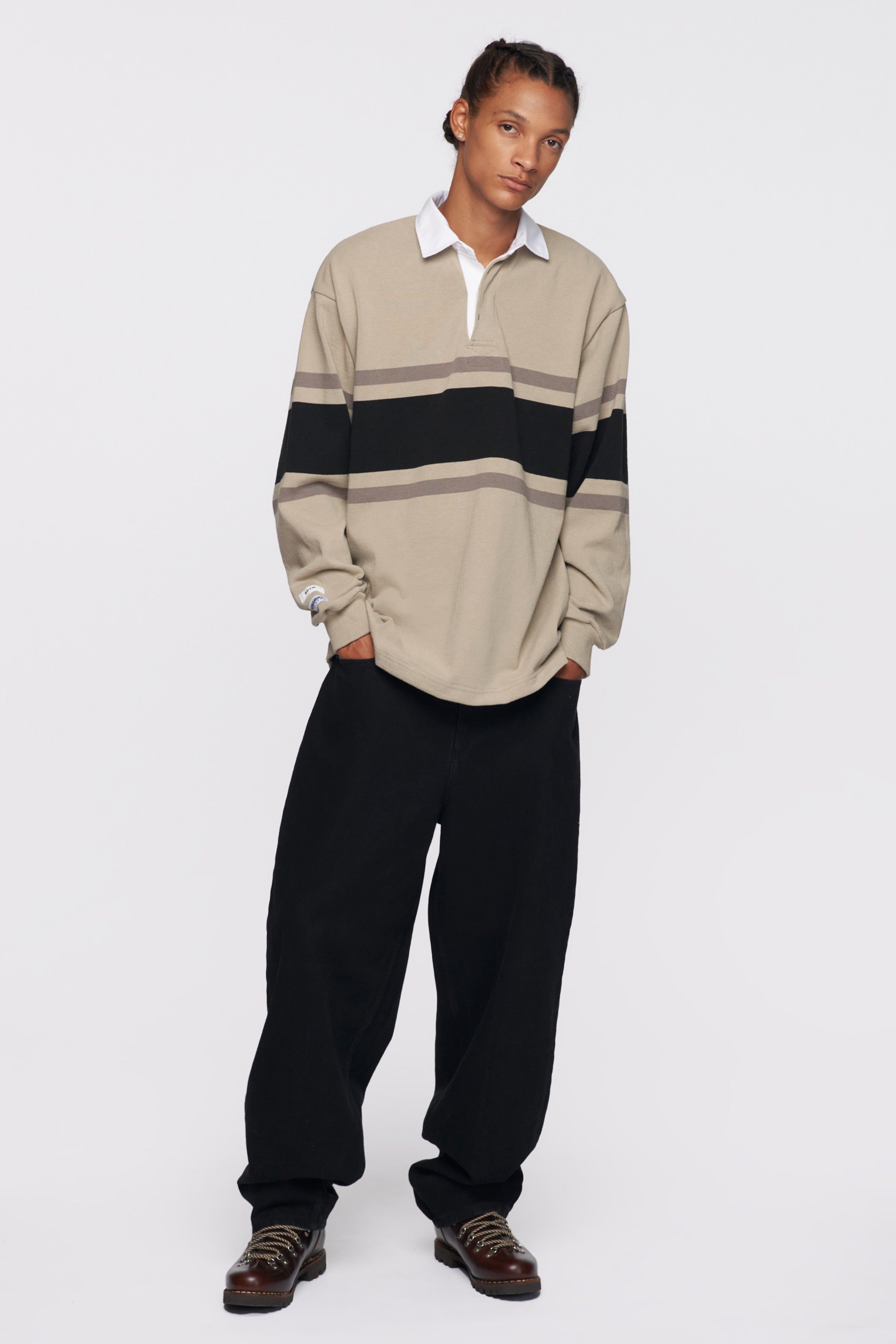 Men's Barbarian Rugby Shirt in Light Taupe/Black Stripe
