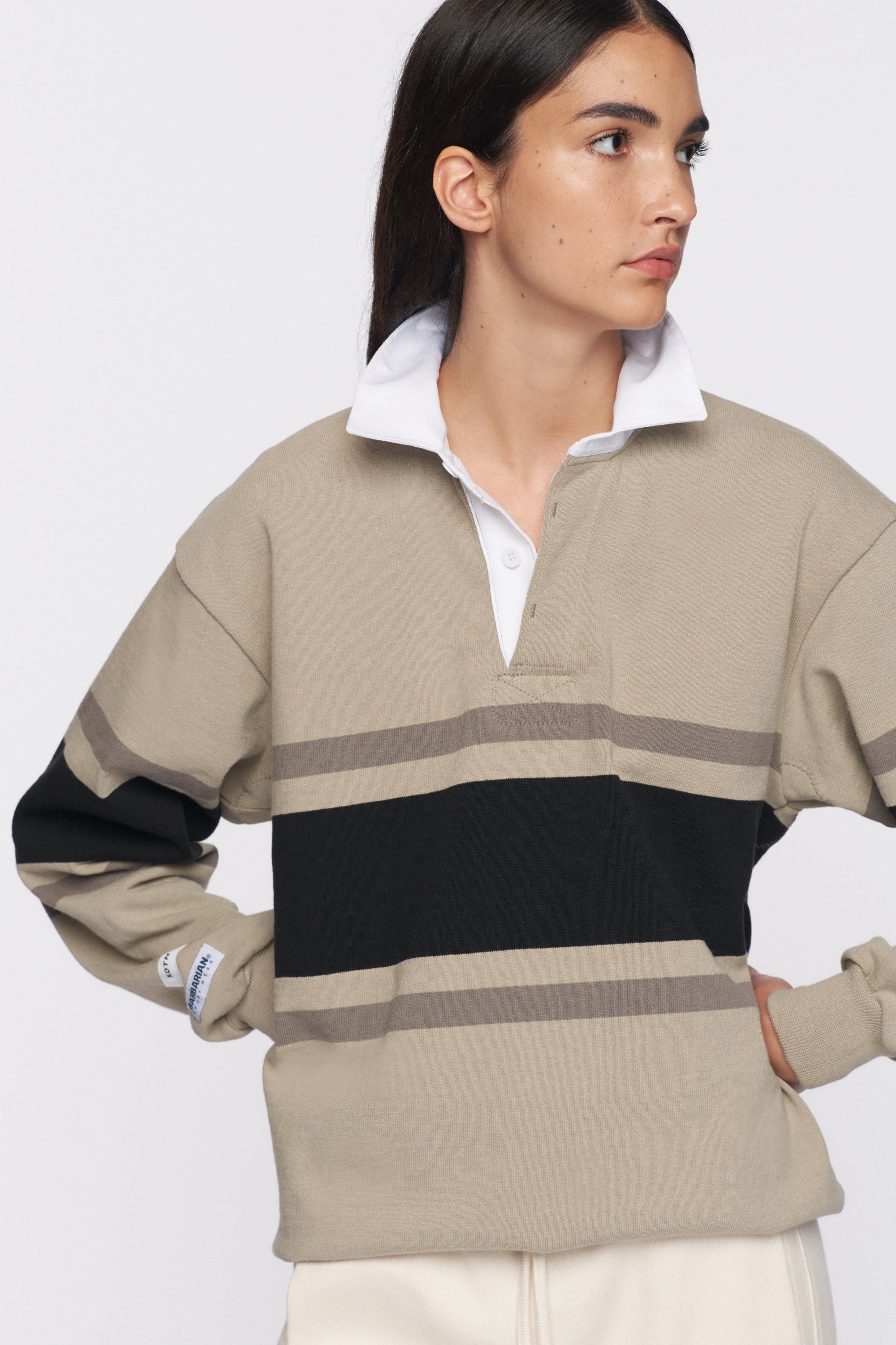 Men's Barbarian Rugby Shirt in Light Taupe/Black Stripe