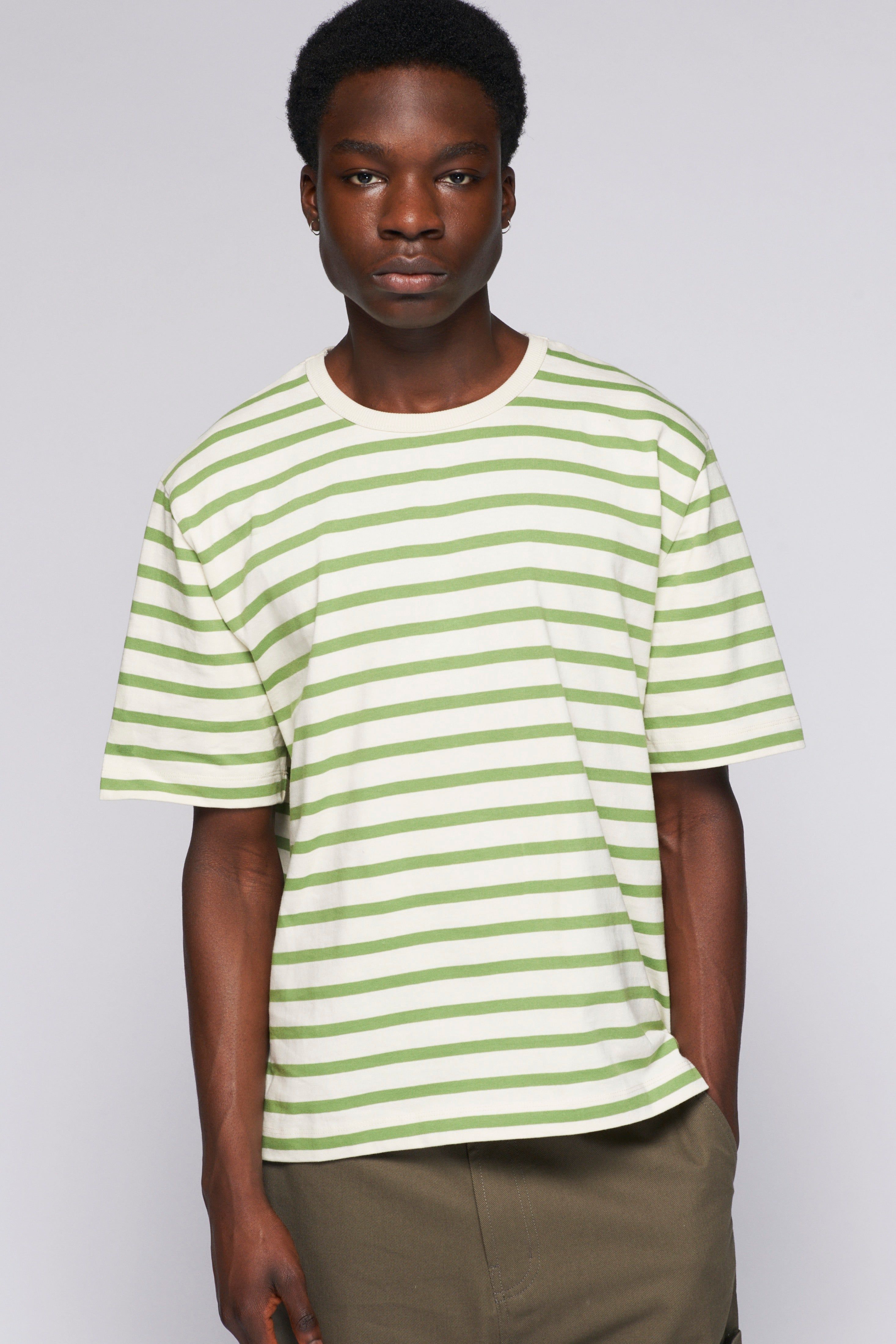 Unisex Stripe Heavyweight Box Crew in Marshmallow/Faded Apple sold by Kotn product image thumbnail 4