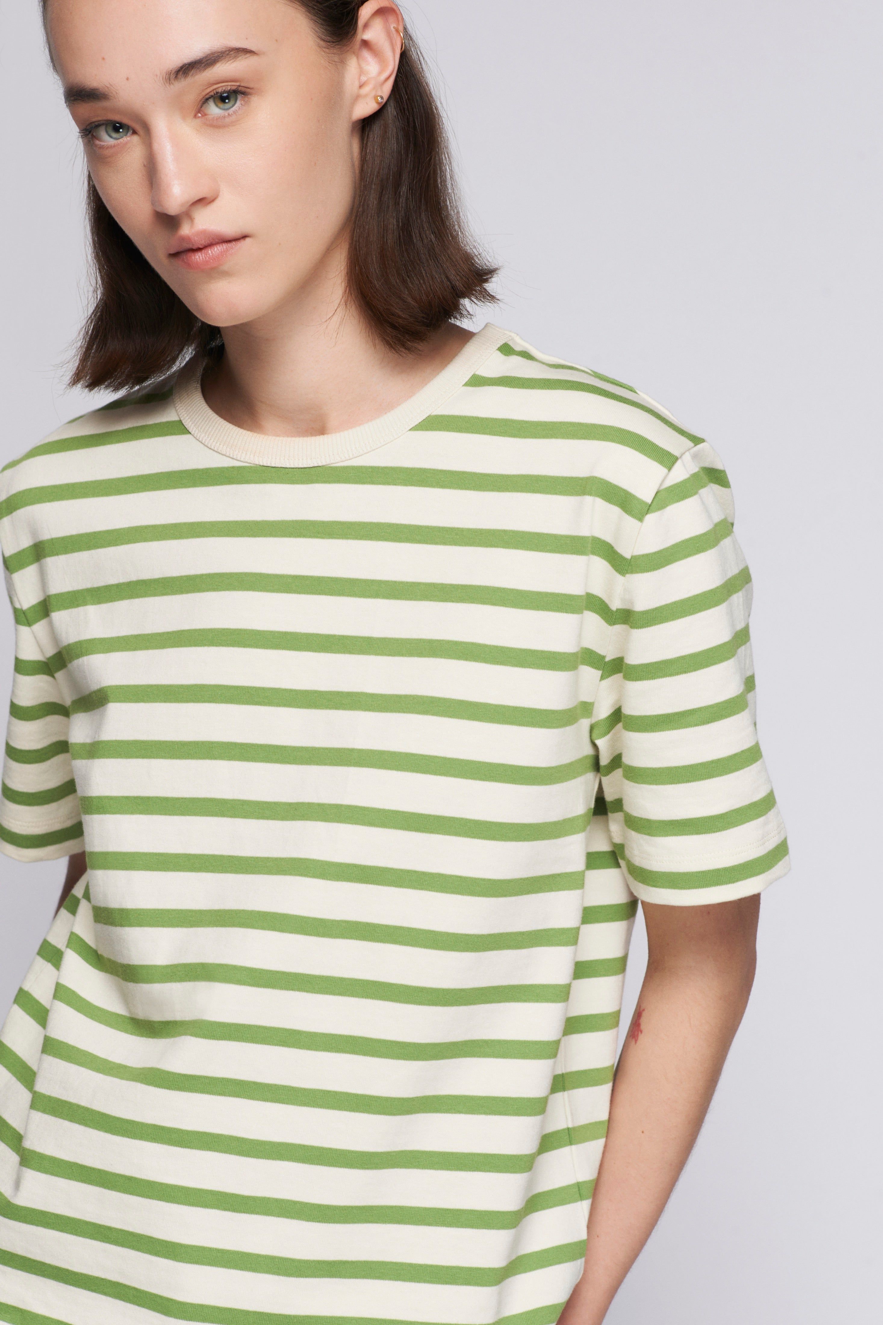 Unisex Stripe Heavyweight Box Crew in Marshmallow/Faded Apple sold by Kotn product image thumbnail 3