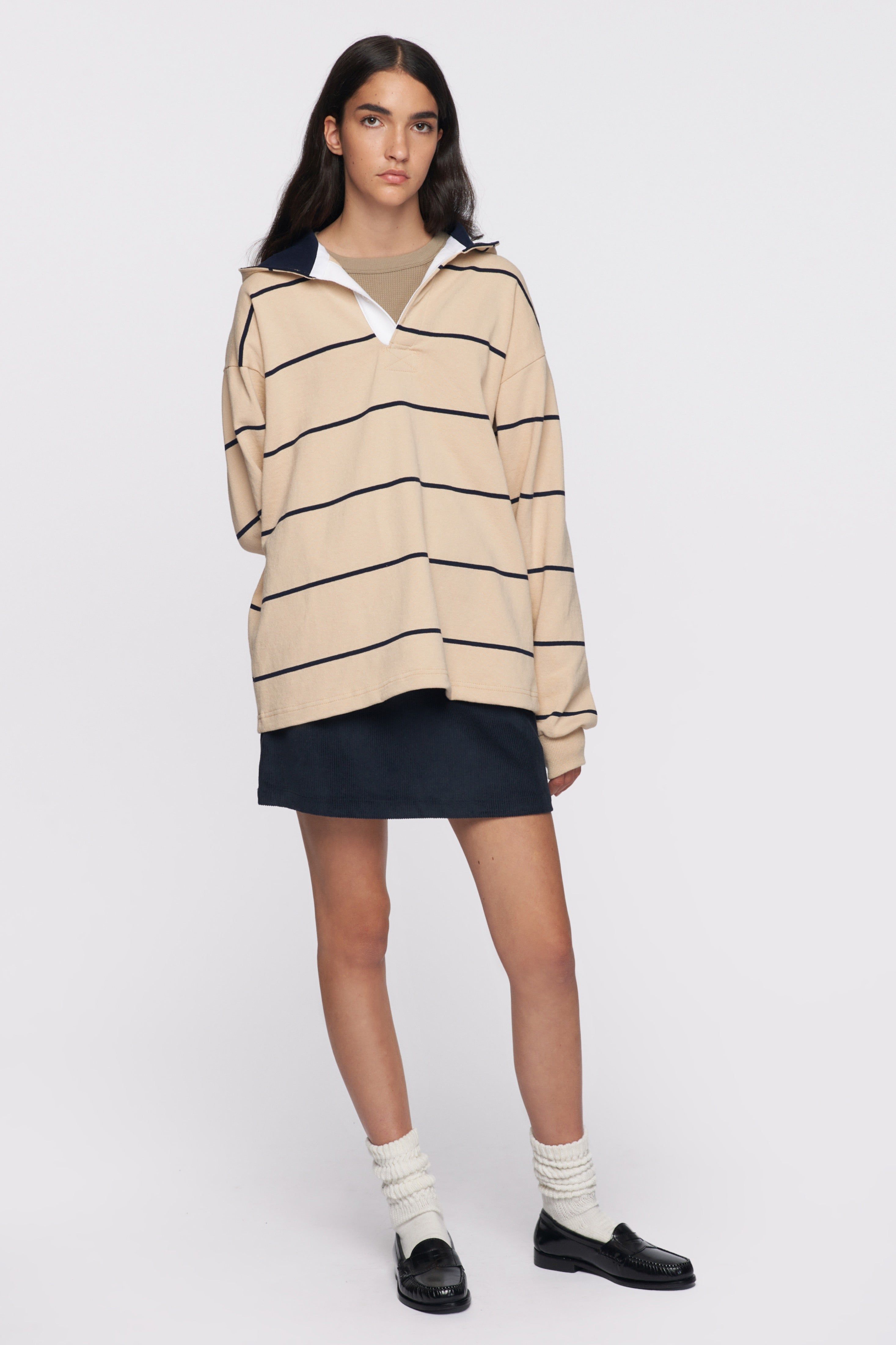 Men's Barbarian Rugby Hoodie in Straw/Navy Stripe sold by Kotn