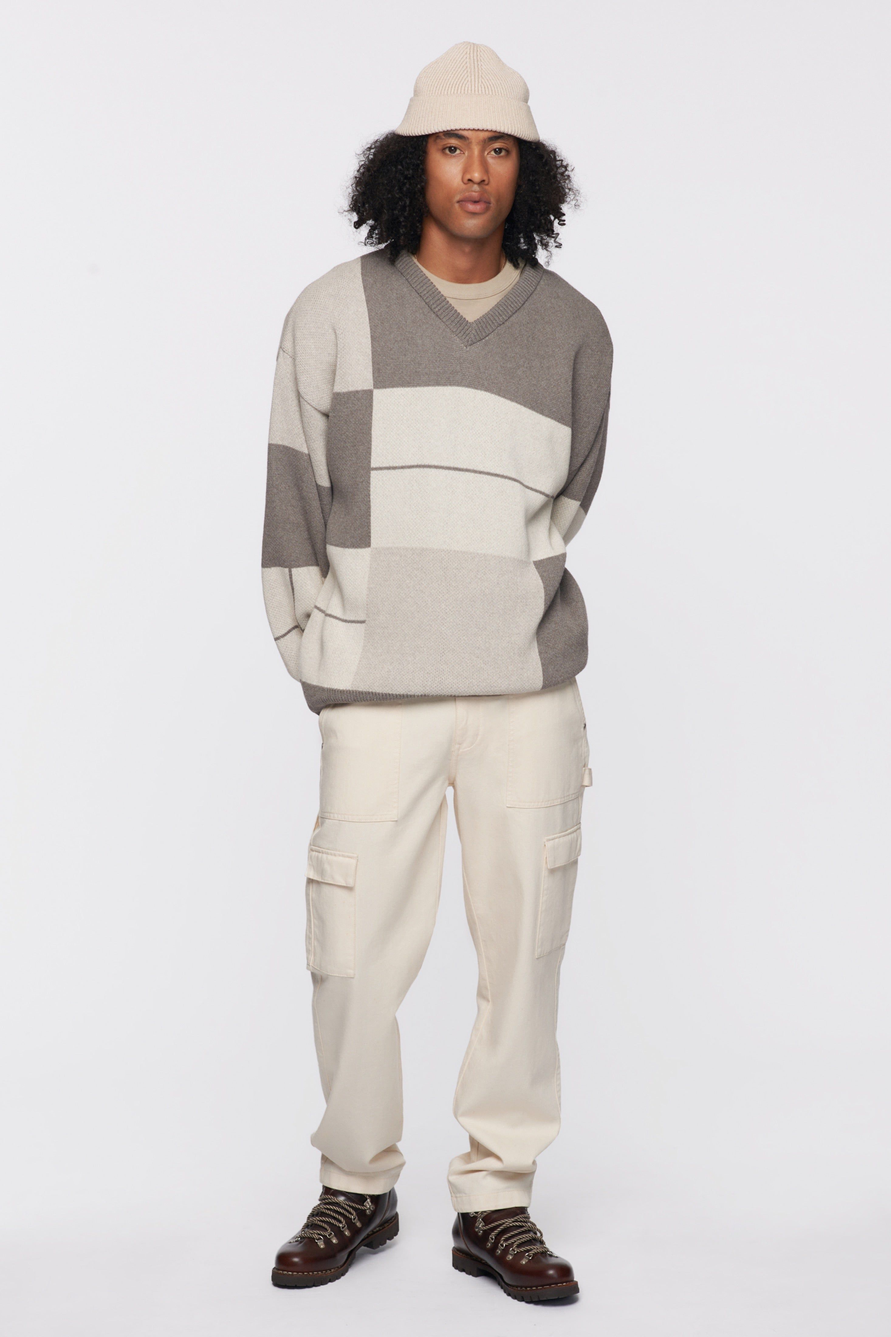Men's Oversized V-Neck Sweater in Cappuccino/Pumice Stone/Ivory/Caramel Print sold by Kotn