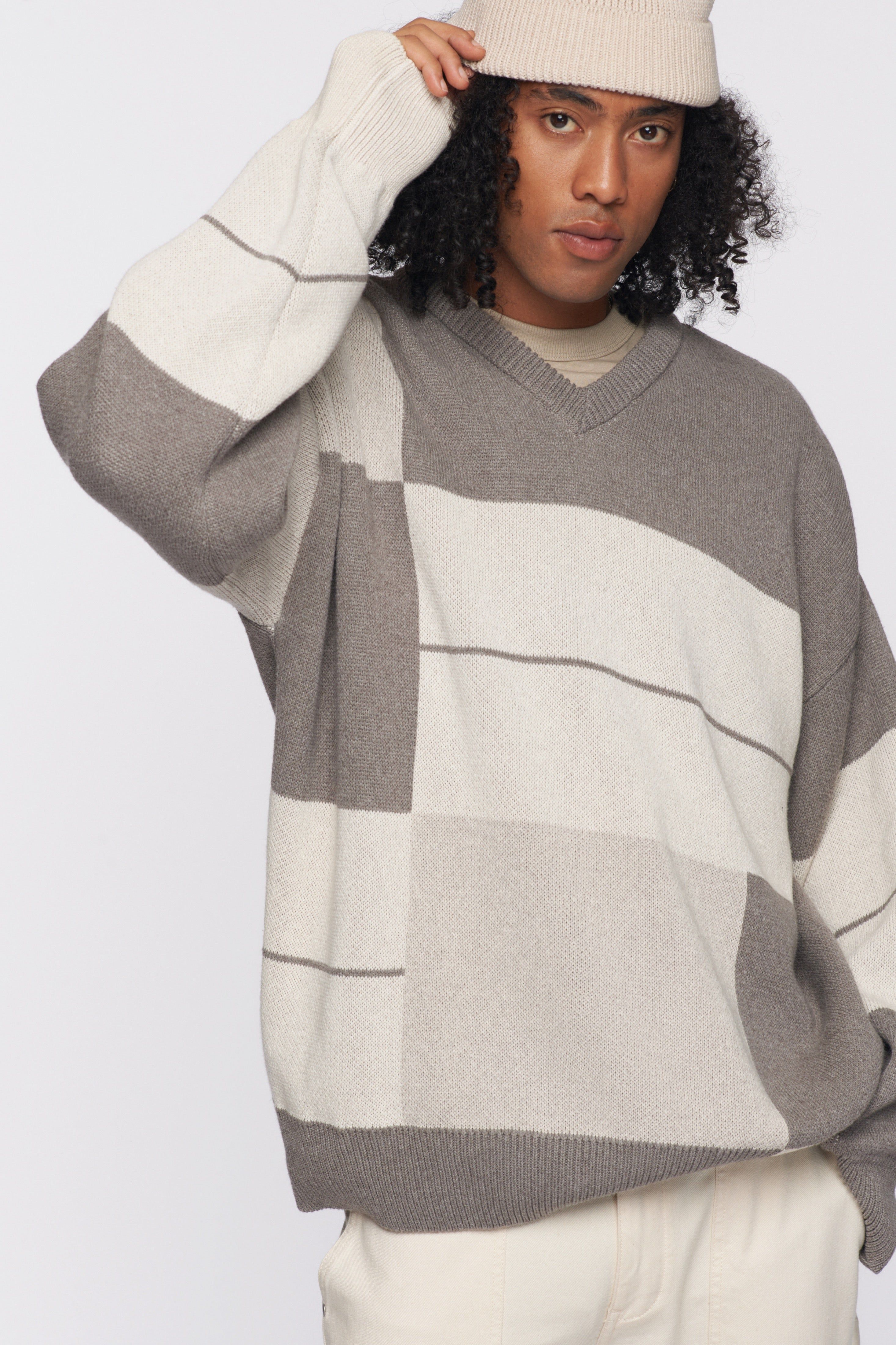 Men's Oversized V-Neck Sweater in Cappuccino/Pumice Stone/Ivory/Caramel Print sold by Kotn product image thumbnail 2