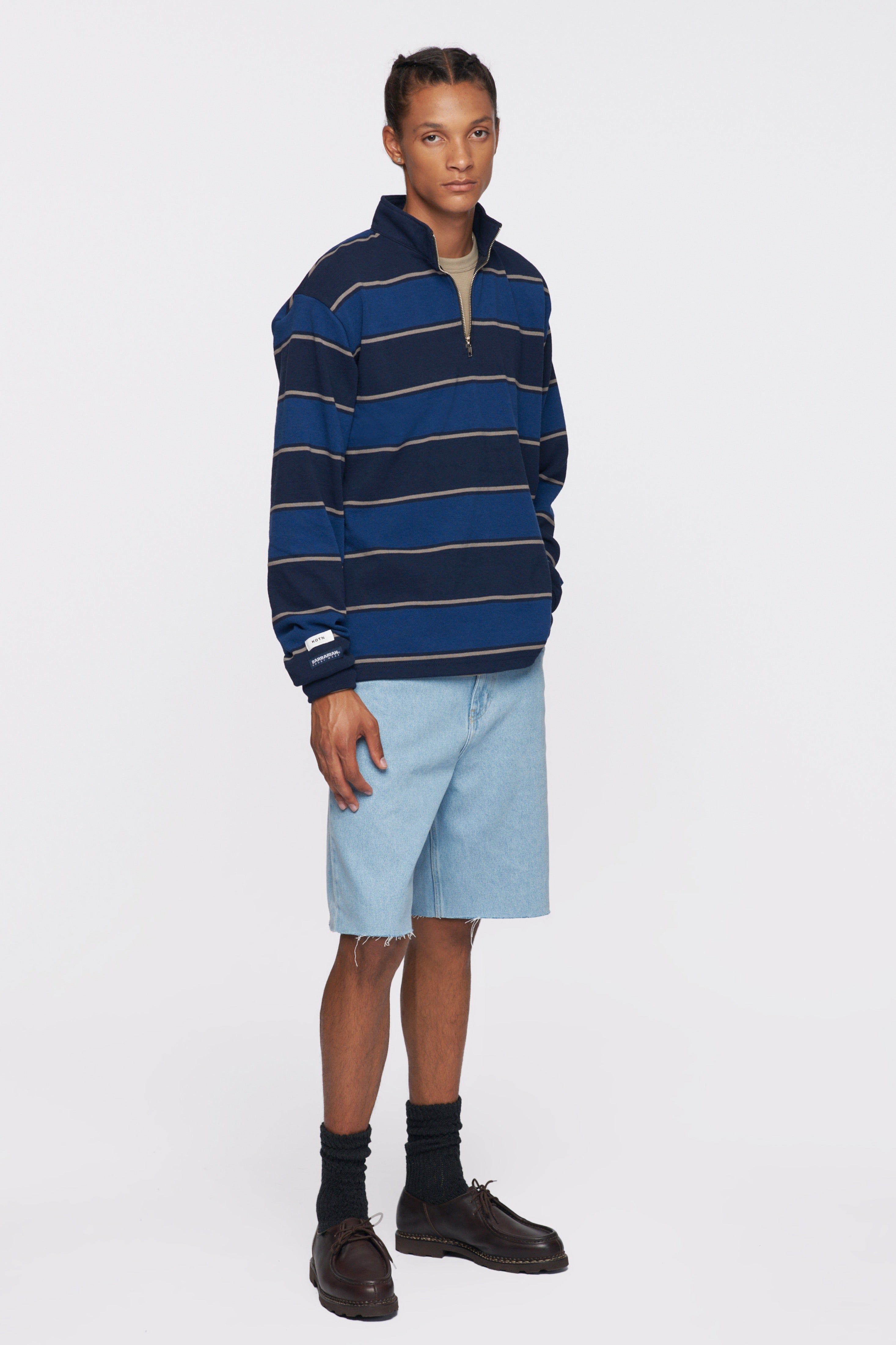 Men's Barbarian Rugby Half-zip Sweatshirt in Navy / Deep Ocean Stripe sold by Kotn