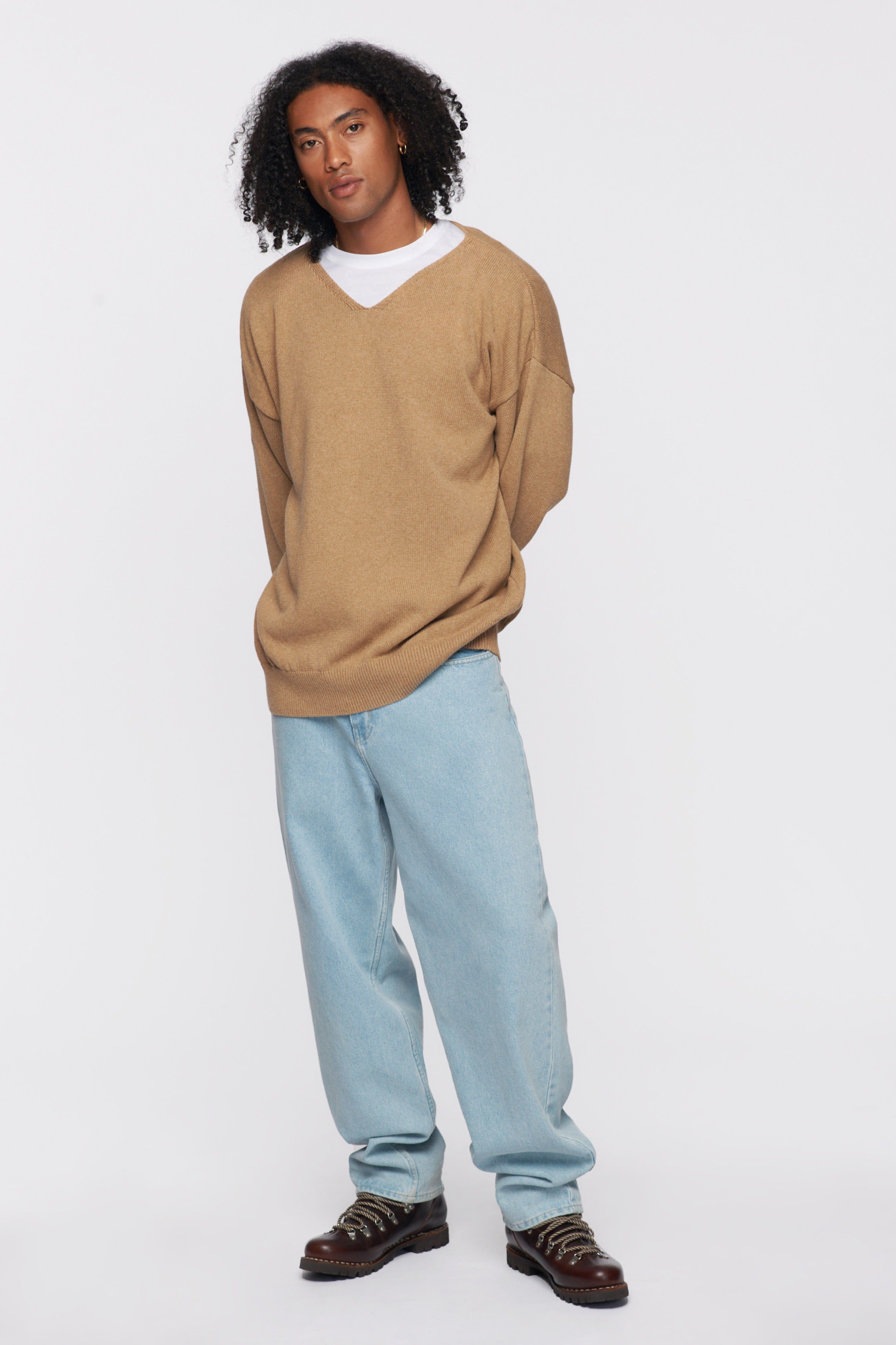 Men's Oversized V-Neck Sweater in Caramel sold by Kotn