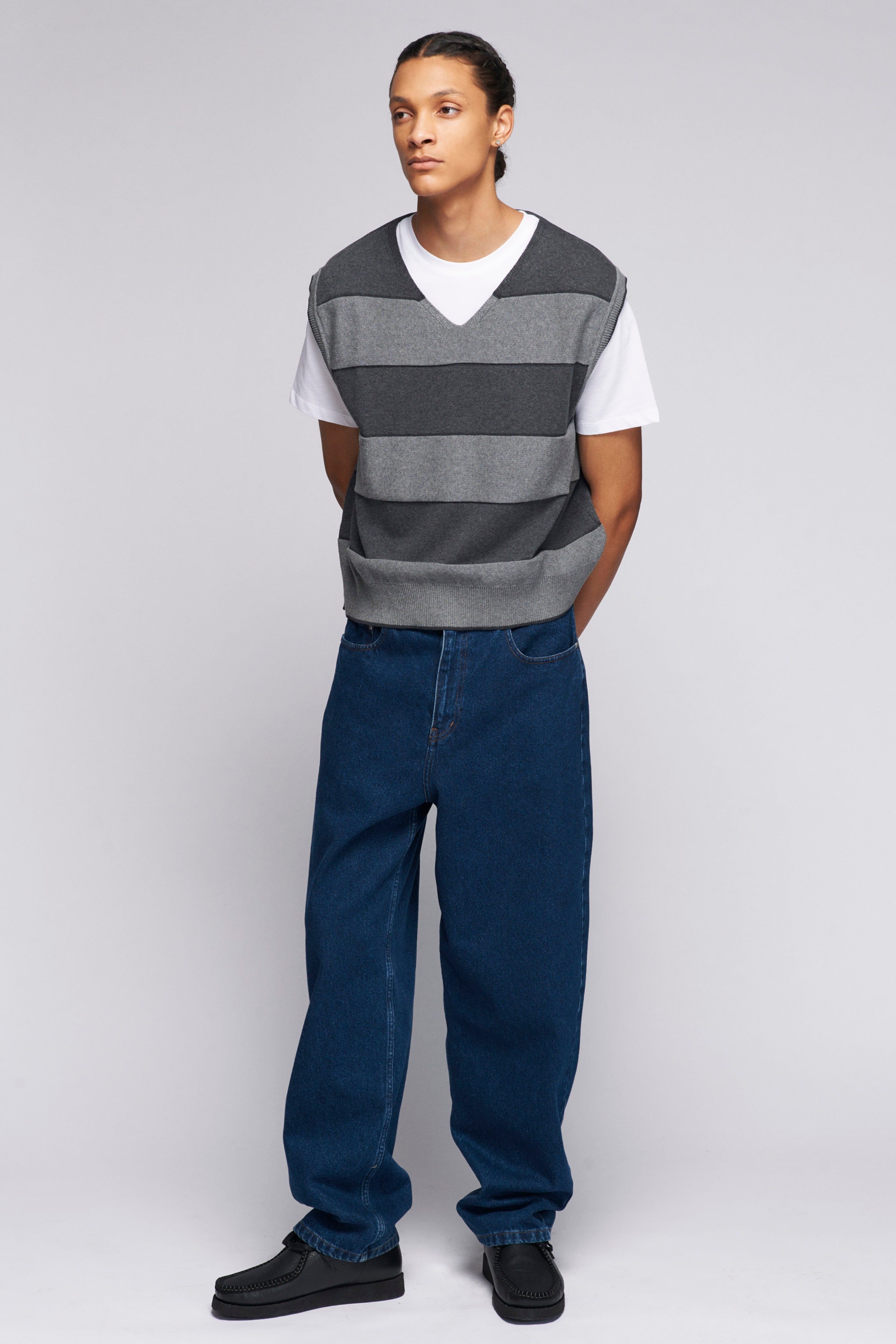 Men's Fine Knit Vest in Charcoal Stripe sold by Kotn