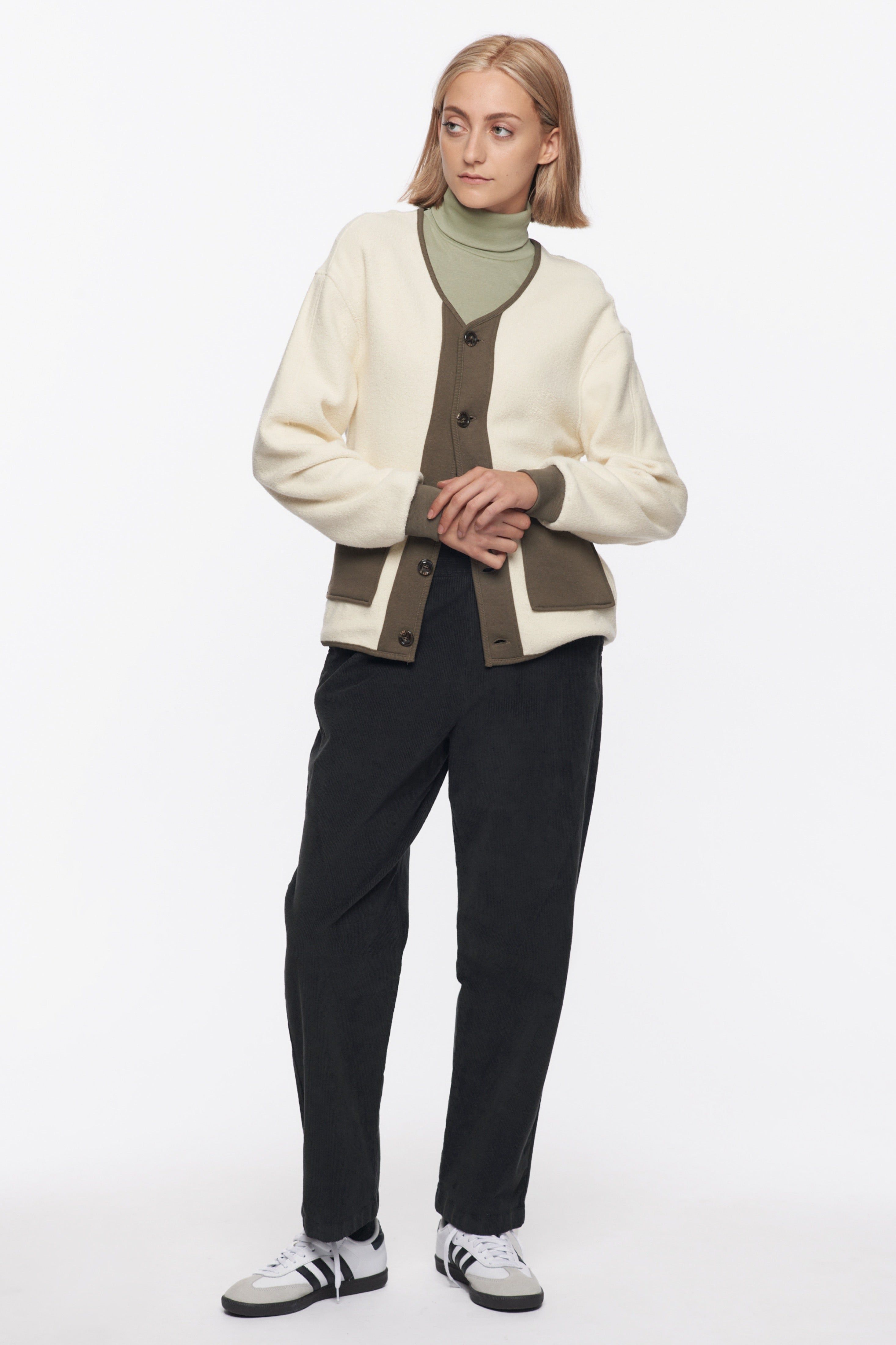 Unisex Reverse Fleece Cardigan in Alabaster/Dark Olive sold by Kotn product image thumbnail 2