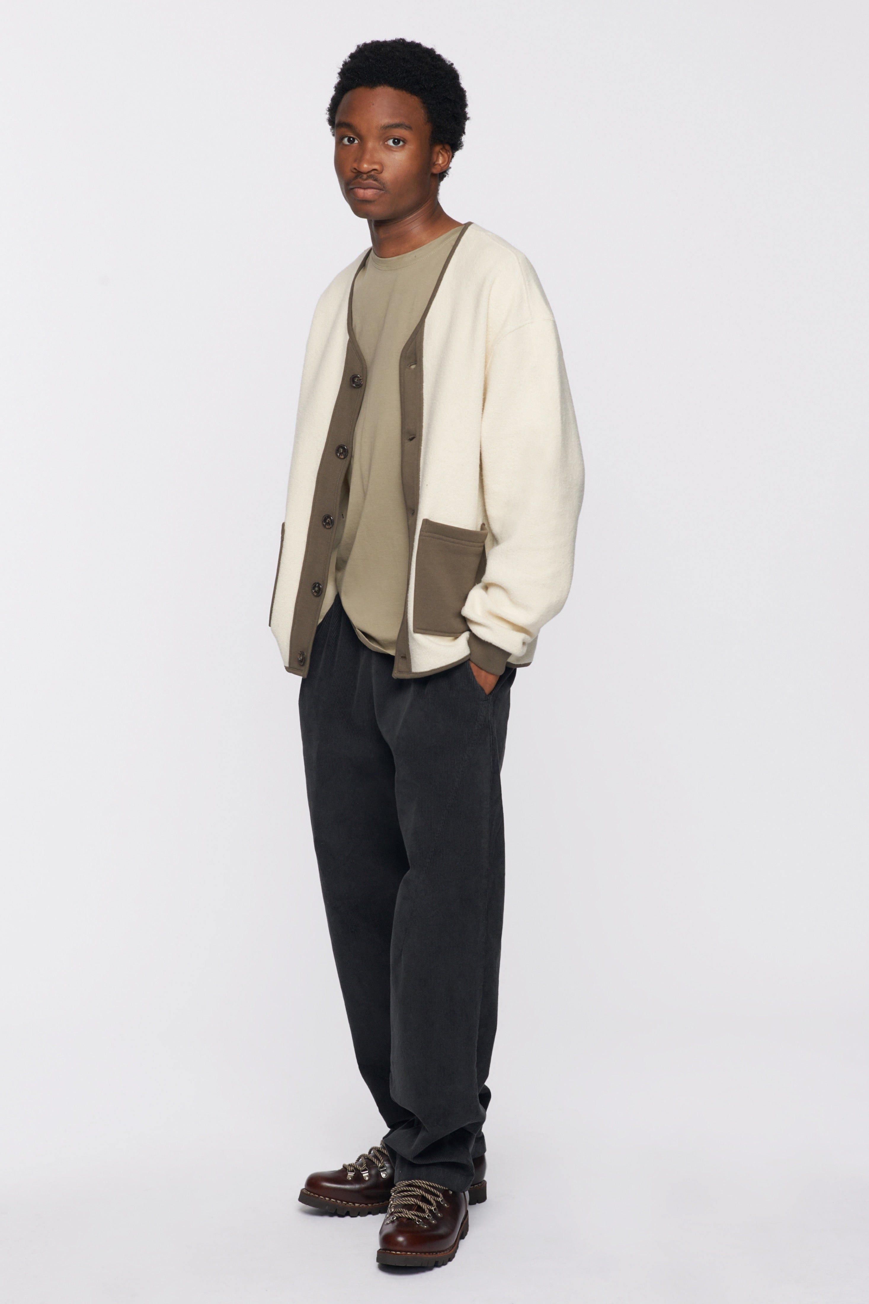 Unisex Reverse Fleece Cardigan in Alabaster/Dark Olive sold by Kotn