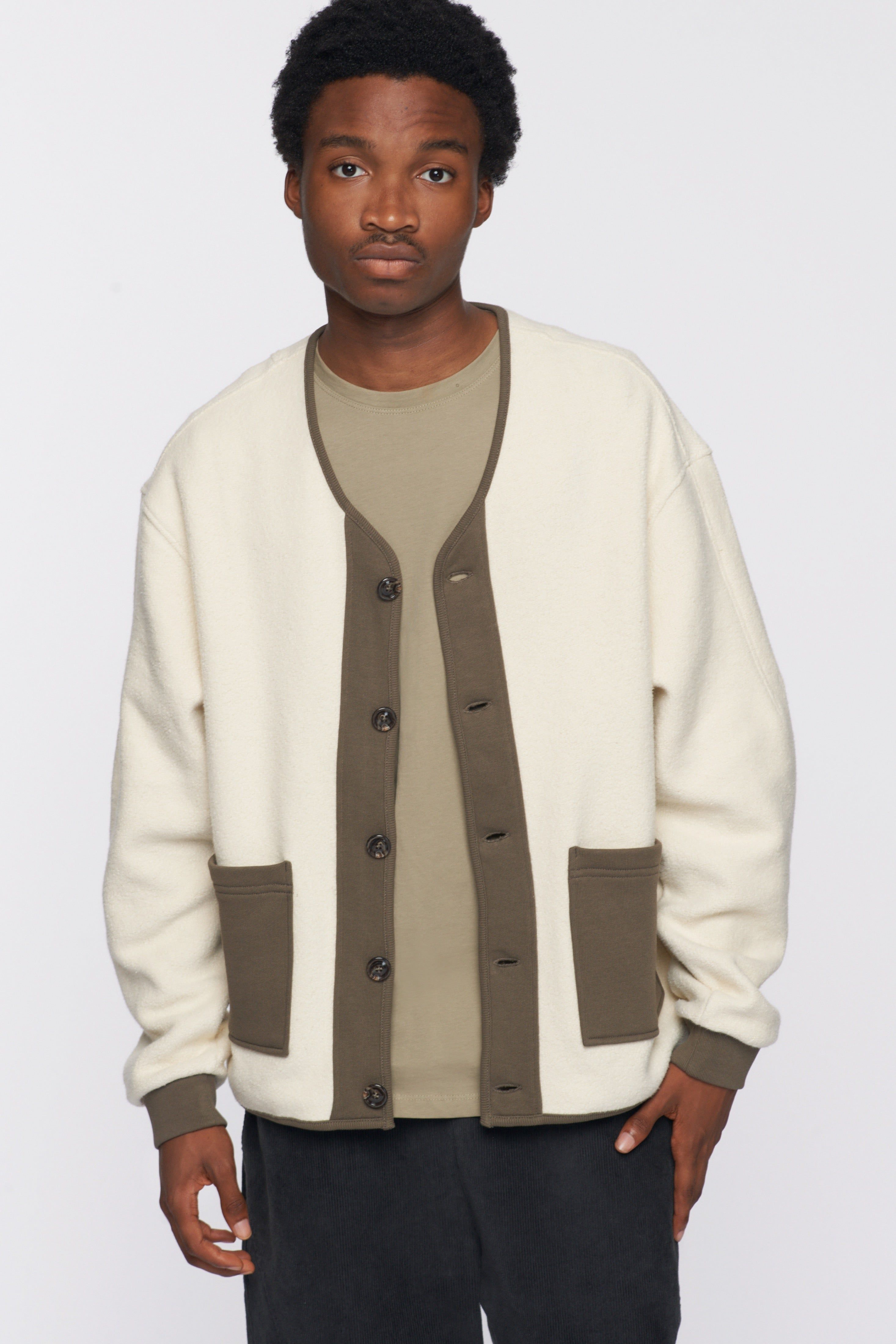 Unisex Reverse Fleece Cardigan in Alabaster/Dark Olive sold by Kotn product image thumbnail 3