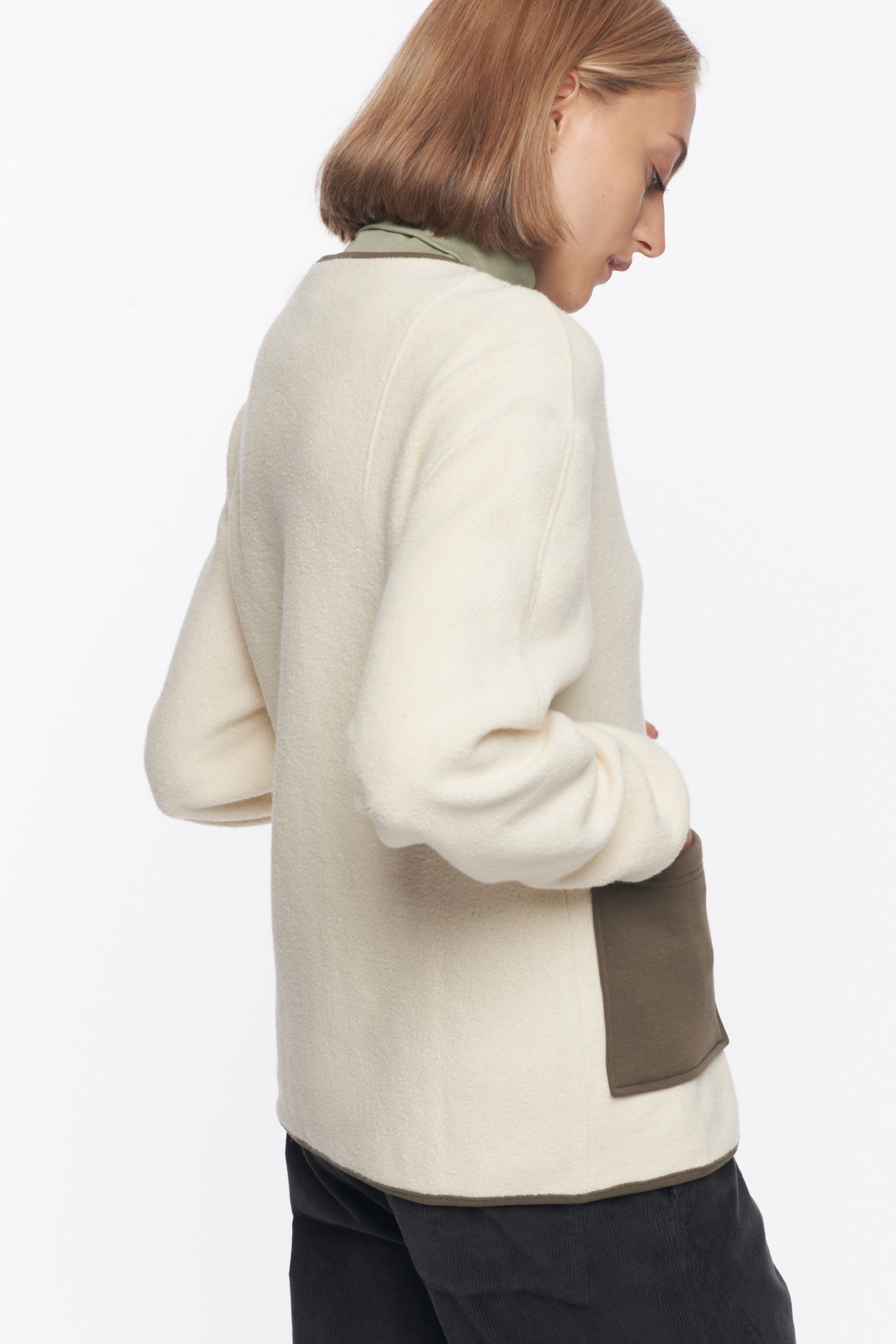 Unisex Reverse Fleece Cardigan in Alabaster/Dark Olive sold by Kotn product image thumbnail 5
