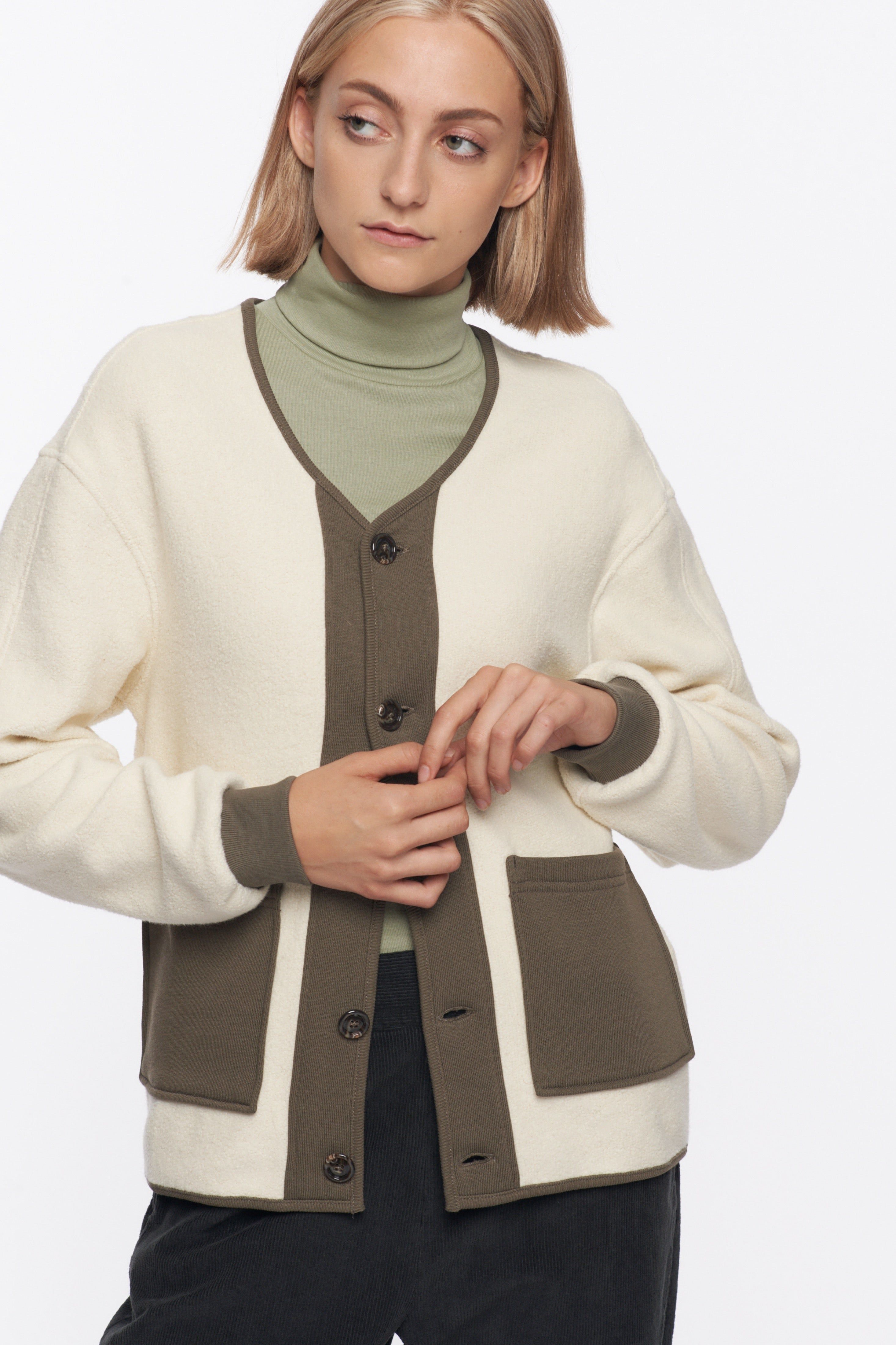 Unisex Reverse Fleece Cardigan in Alabaster/Dark Olive sold by Kotn product image thumbnail 4
