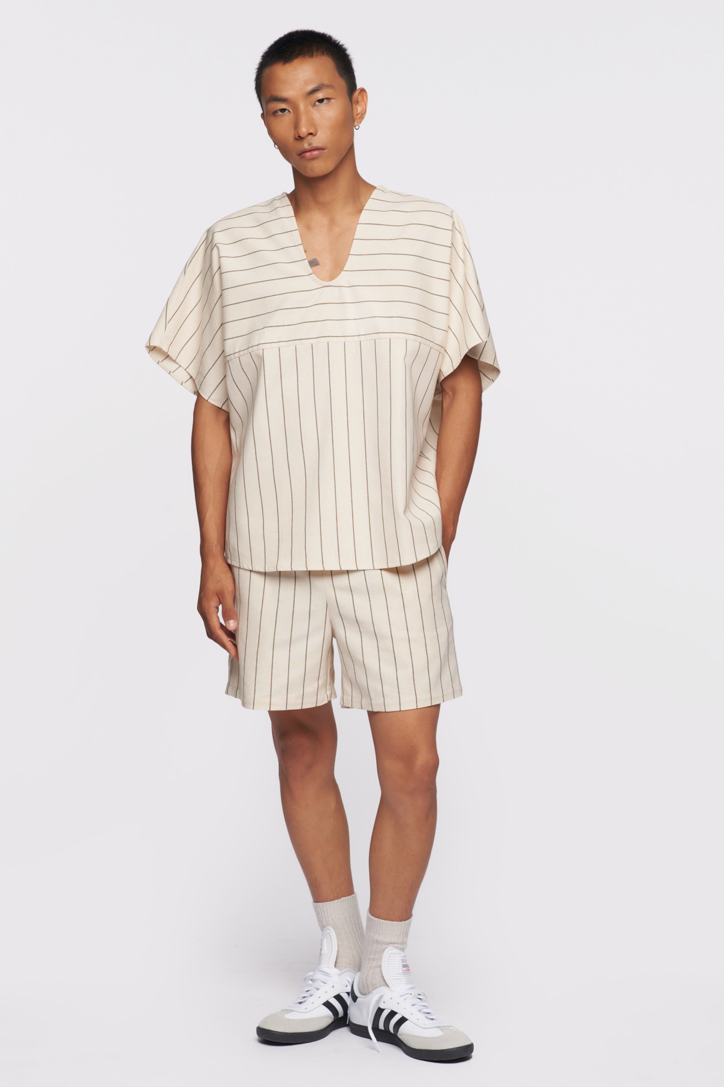 Unisex Woven Top in Taupe Stripe sold by Kotn