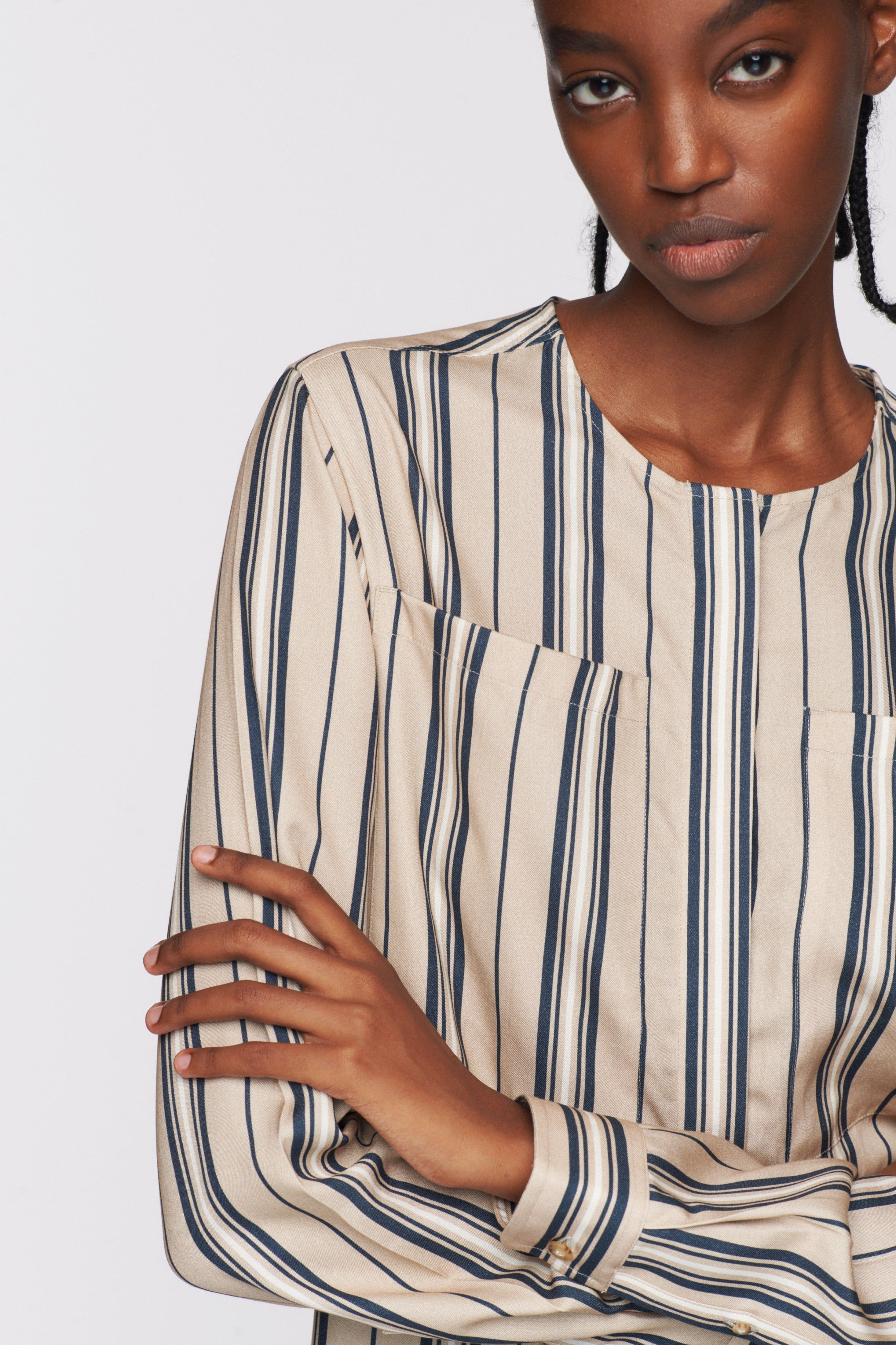 Women's Collarless Shirt in Marshmallow/Midnight Navy/Sand sold by Kotn product image thumbnail 3