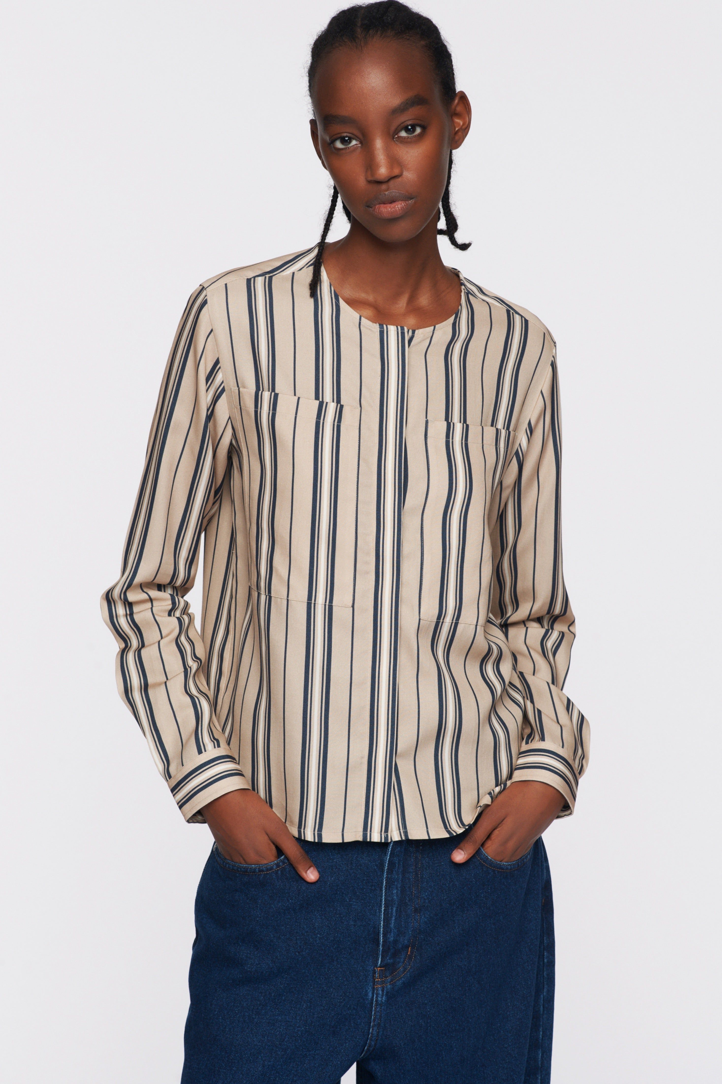 Women's Collarless Shirt in Marshmallow/Midnight Navy/Sand sold by Kotn product image thumbnail 2