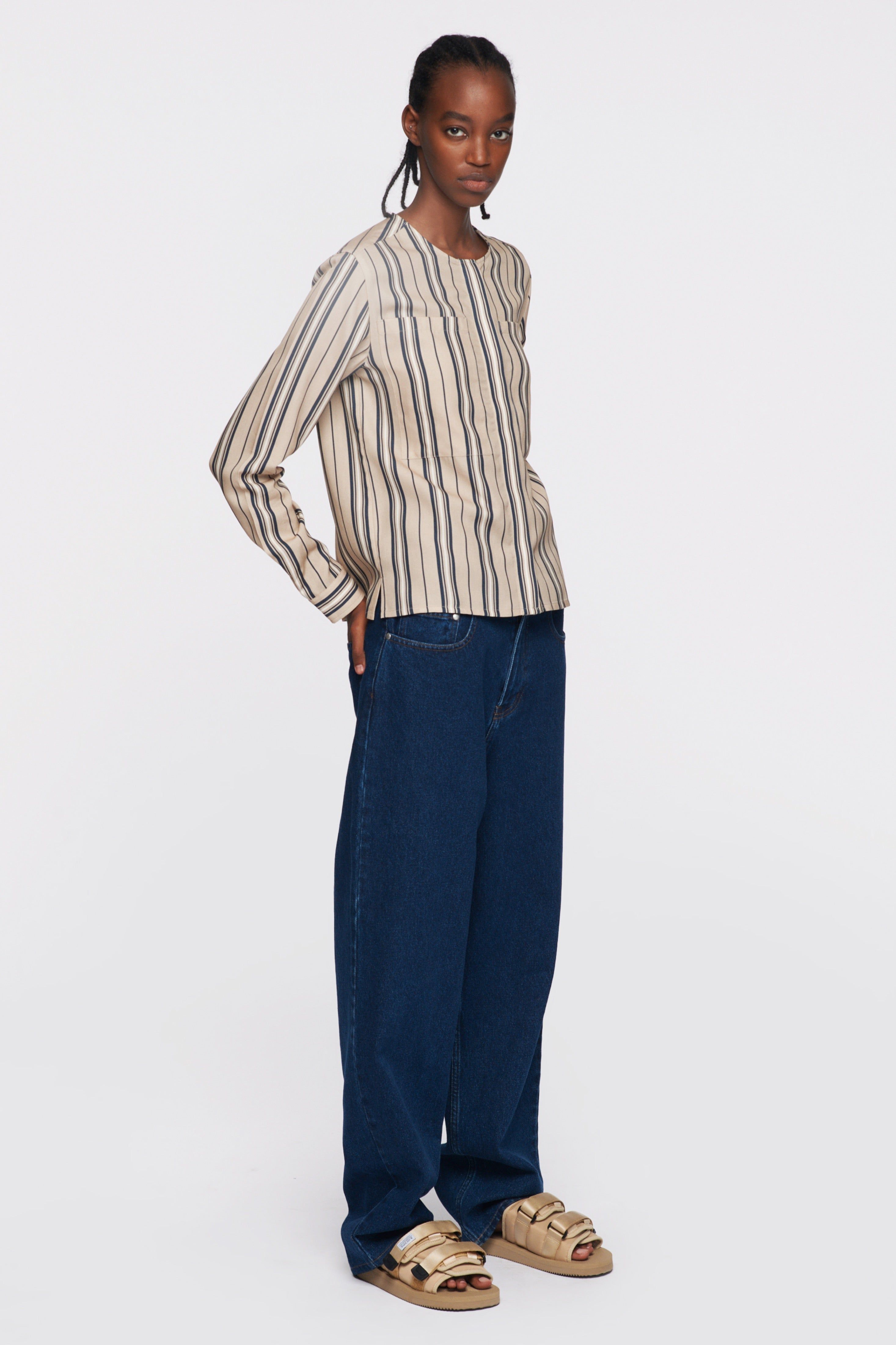 Women's Collarless Shirt in Marshmallow/Midnight Navy/Sand sold by Kotn