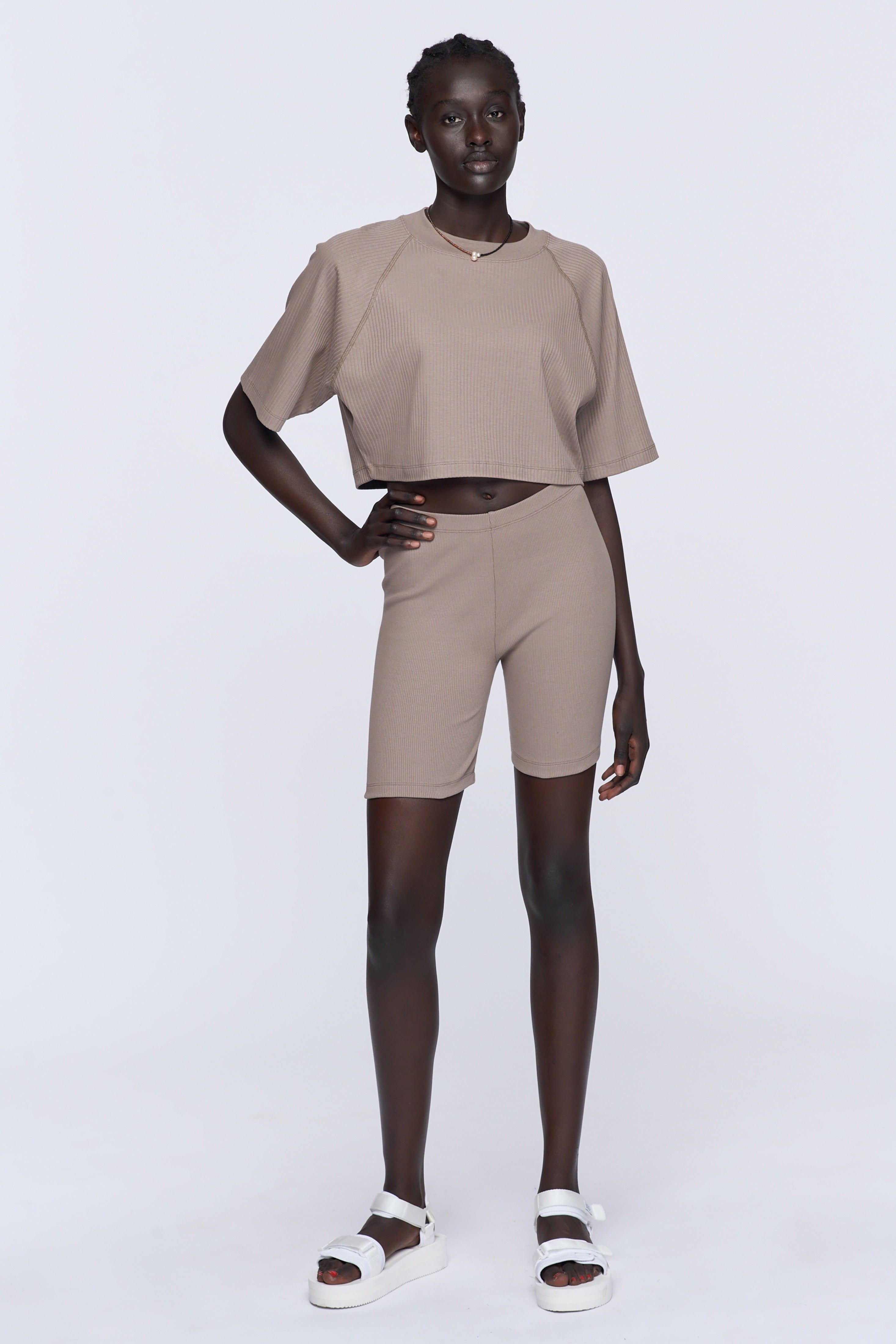 Women's Ribbed Bike Shorts in Taupe sold by Kotn