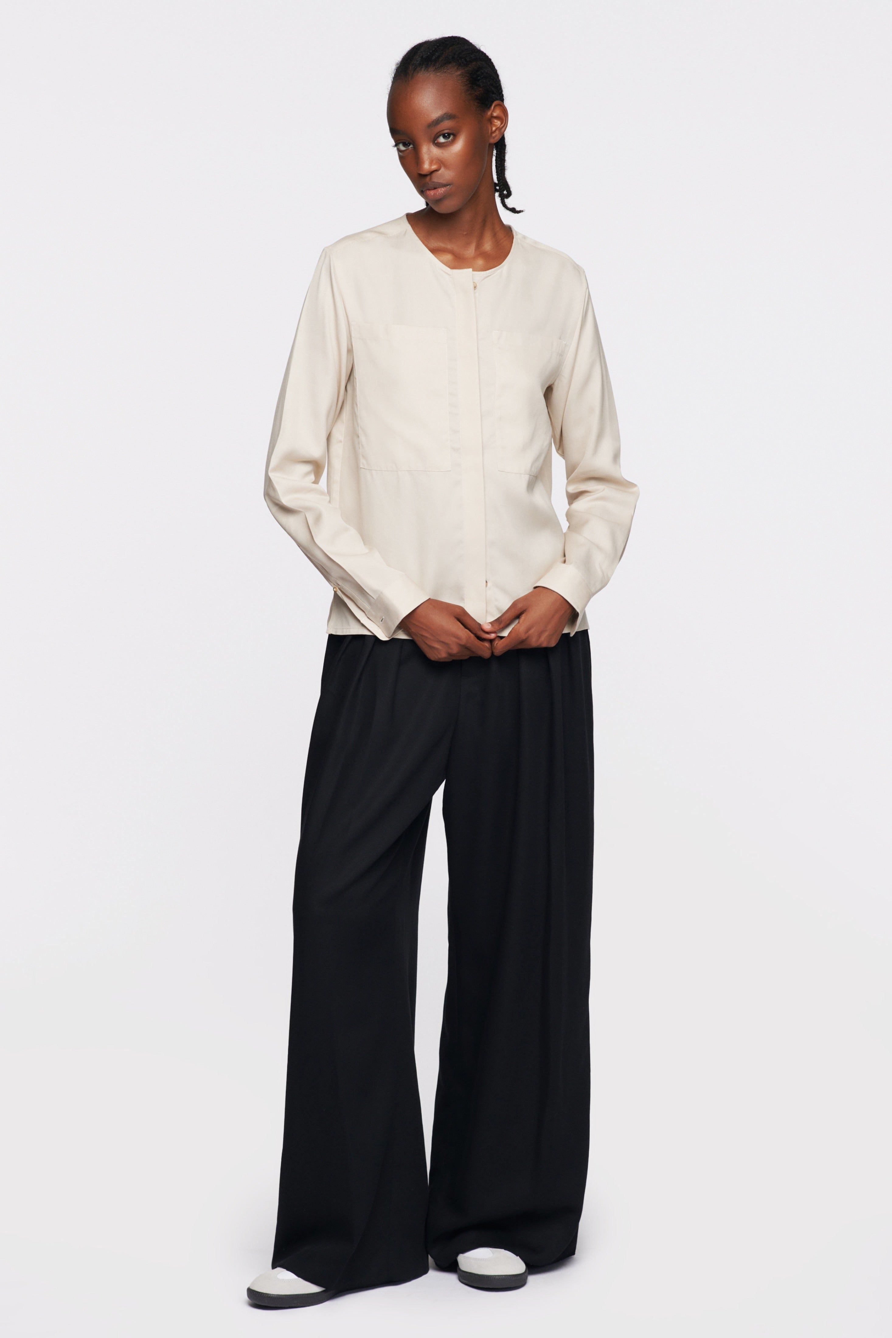 Women's Collarless Shirt in Pumice Stone sold by Kotn