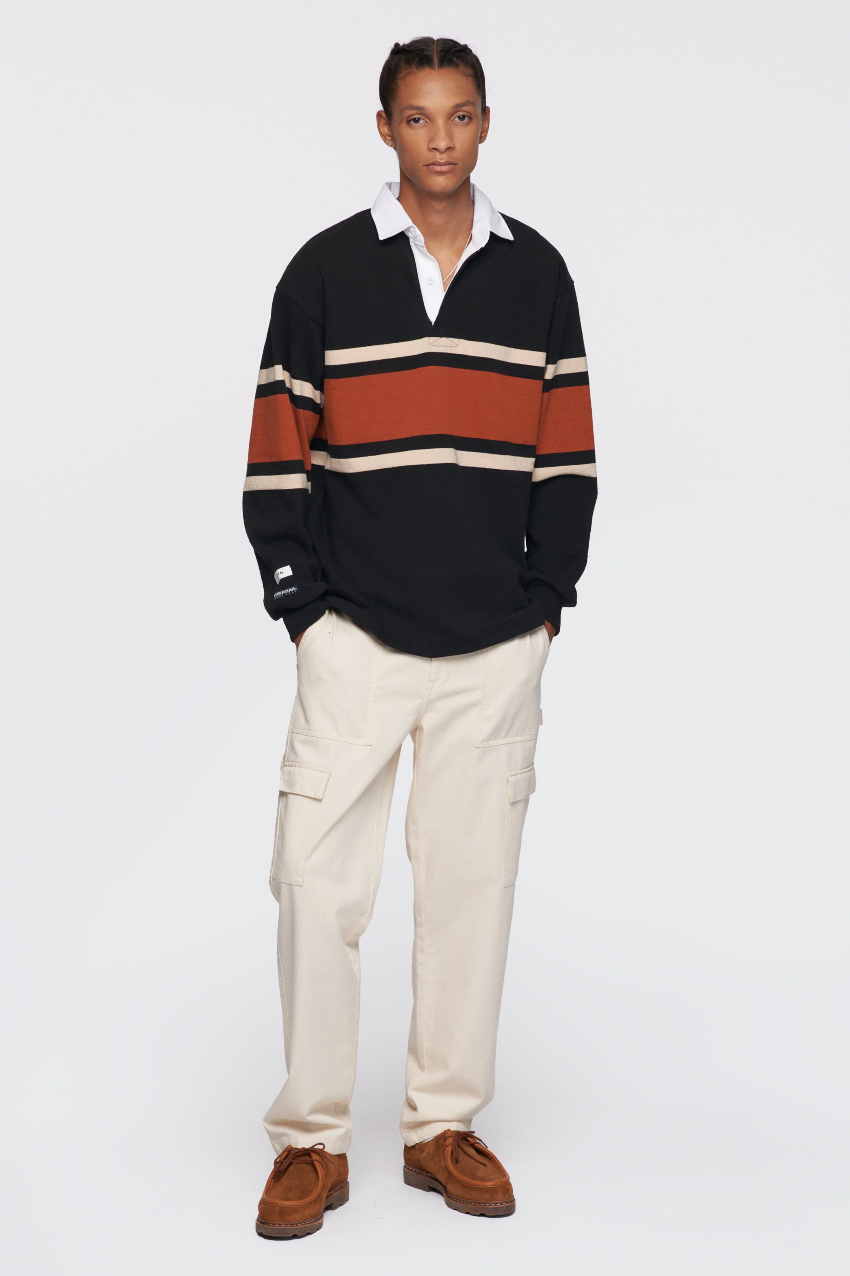 Men's Barbarian Rugby Shirt in Black/Rust Stripe sold by Kotn