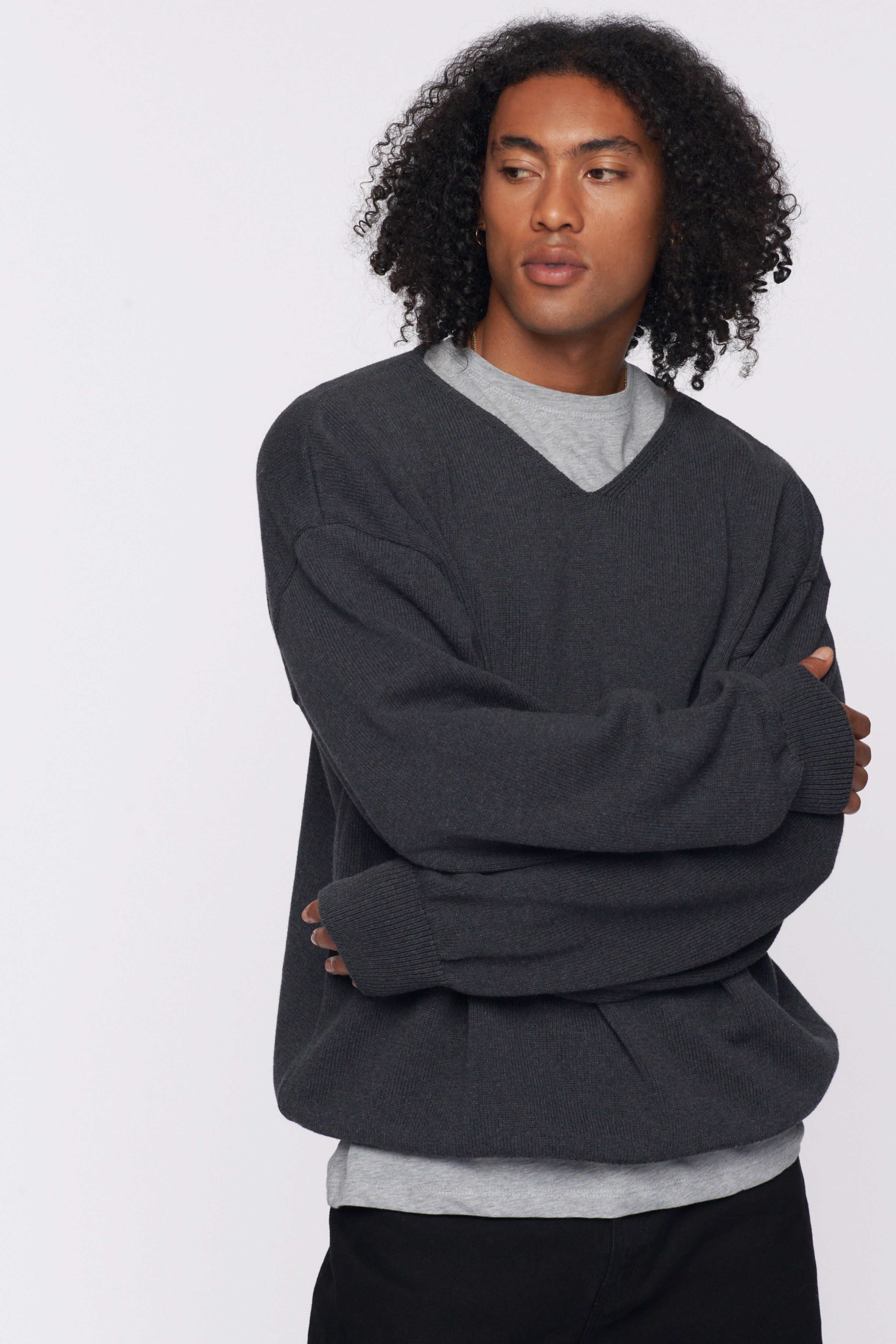 Men's Oversized V-Neck Sweater in Charcoal Melange sold by Kotn product image thumbnail 2