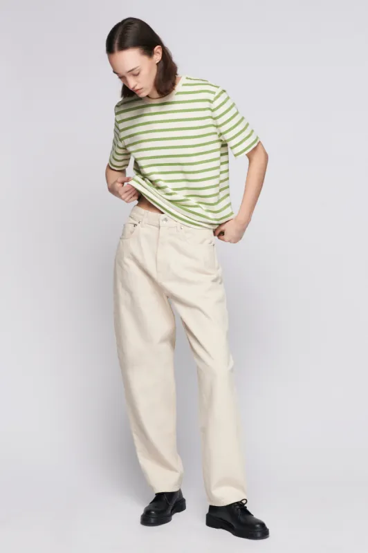 Unisex Stripe Heavyweight Box Crew in Marshmallow/Faded Apple sold by Kotn