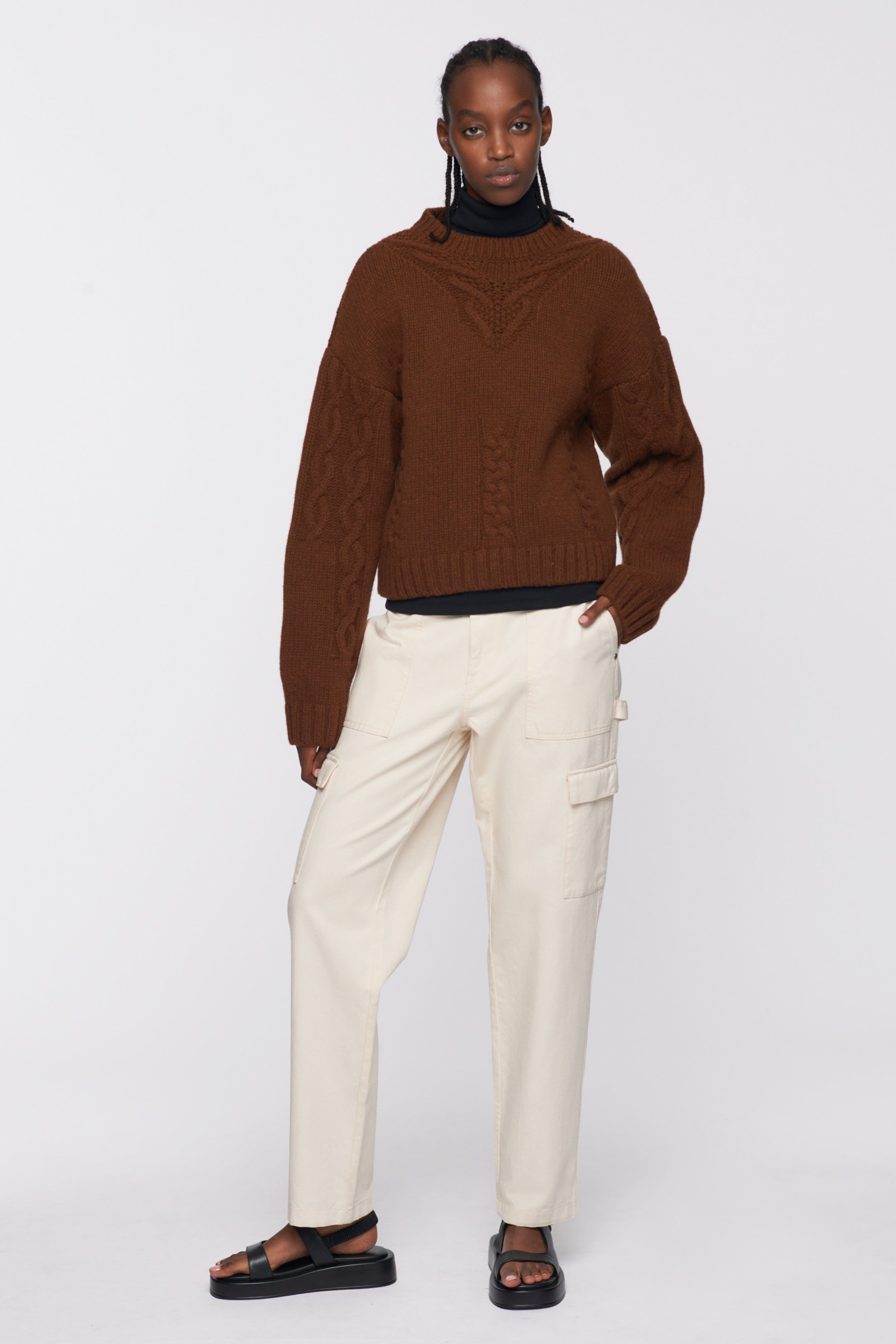 Women's Cropped Cable Sweater in Umber Melange sold by Kotn