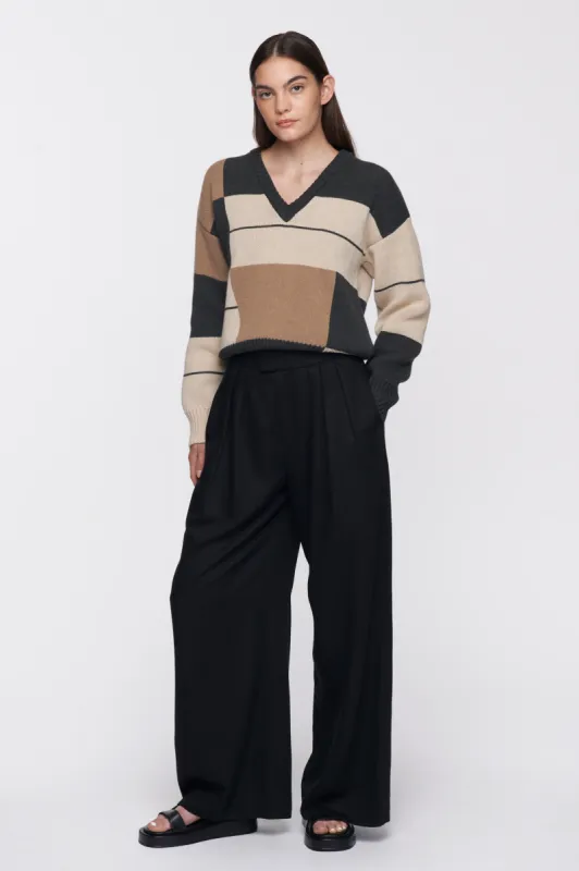 Women's V-Neck Sweater in Charcoal Mel/Alabaster/Almond Print sold by Kotn