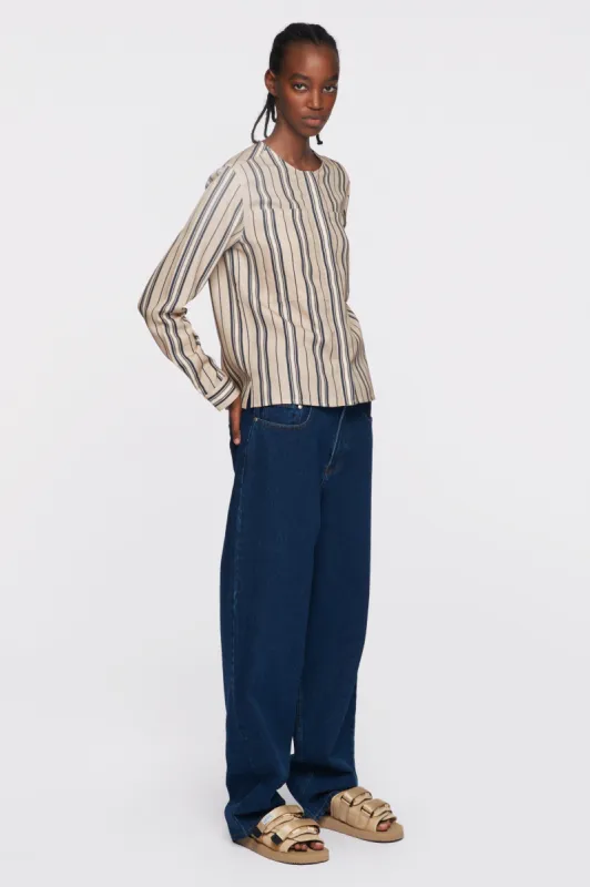 Women's Collarless Shirt in Marshmallow/Midnight Navy/Sand sold by Kotn