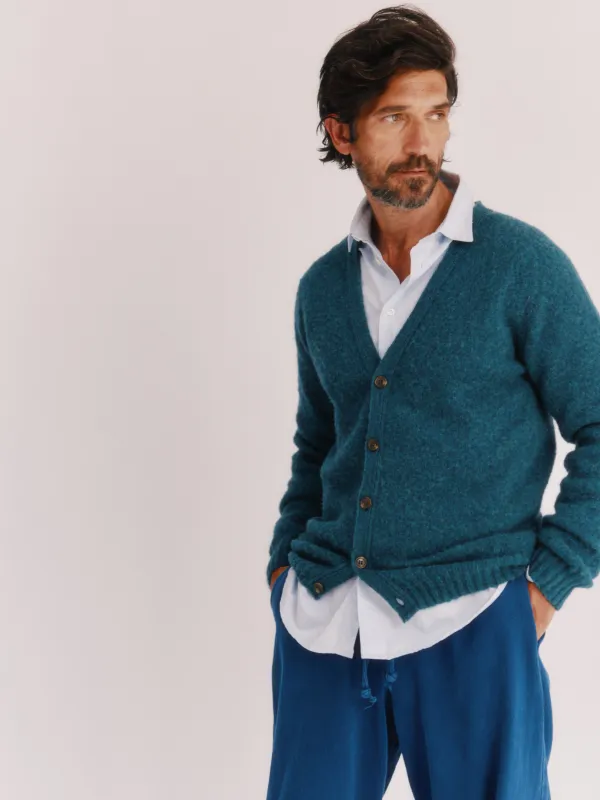 Harley of Scotland Shaggy Shetland Men's V Cardigan - Storm Dark Teal sold by Bosie Knitwear
