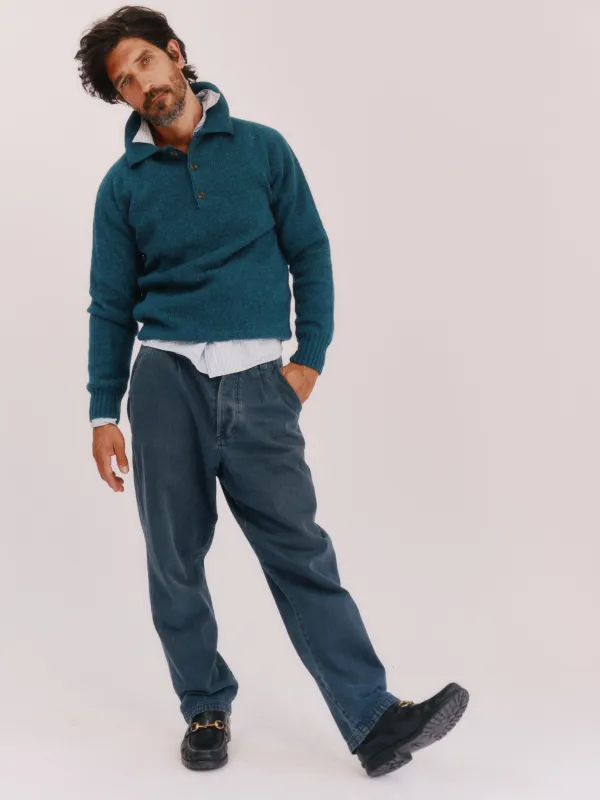 Harley of Scotland Mens Shetland Eton Collar Sweater - Tempest / Storm Dark Teal made by Bosie Knitwear