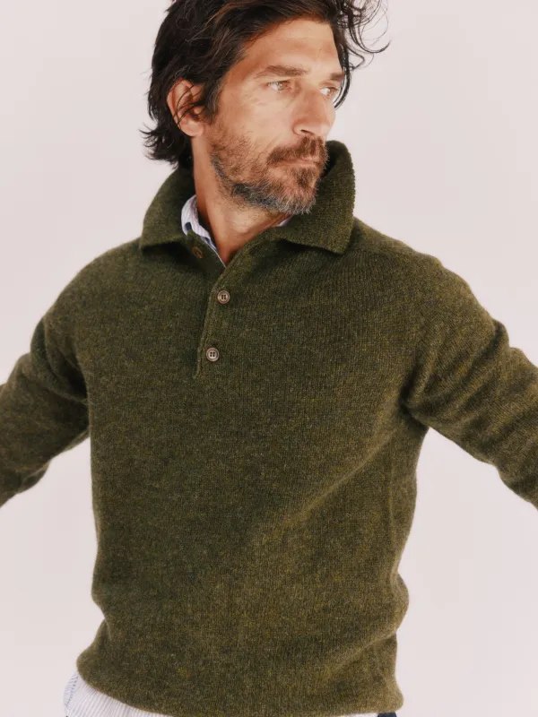 Harley of Scotland Mens Shetland Eton Collar Sweater - Scot Pine / Pineshadow Green made by Bosie Knitwear