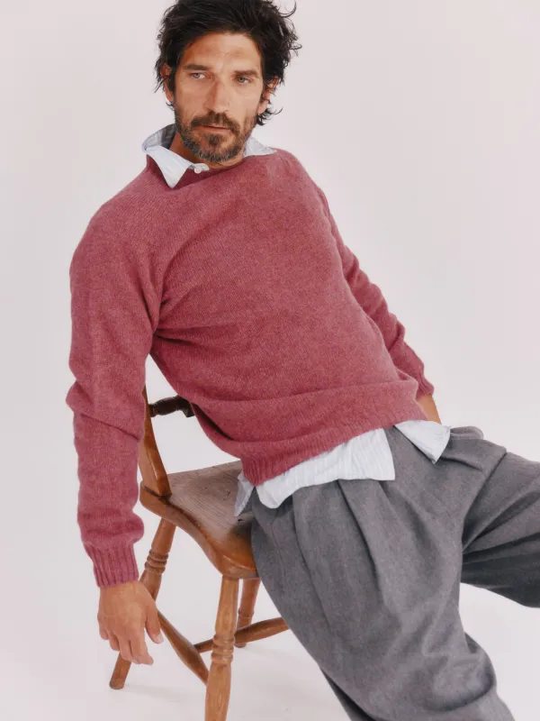 Harley of Scotland Mens Seamless Saddle Shoulder Shetland Sweater - Zinnia Magenta made by Bosie Knitwear
