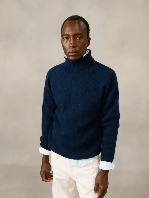 Blue Mogganer Submariner Chunky Shetland Polo Neck Sweater - Navy made by Bosie Knitwear