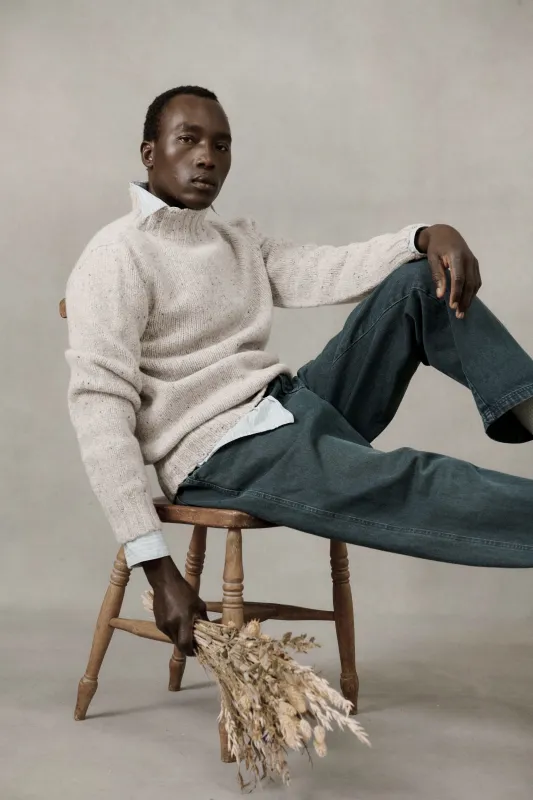 Blue Mogganer Glenugie Nep Funnel Neck Lighthouse Sweater - Mull Natural made by Bosie Knitwear