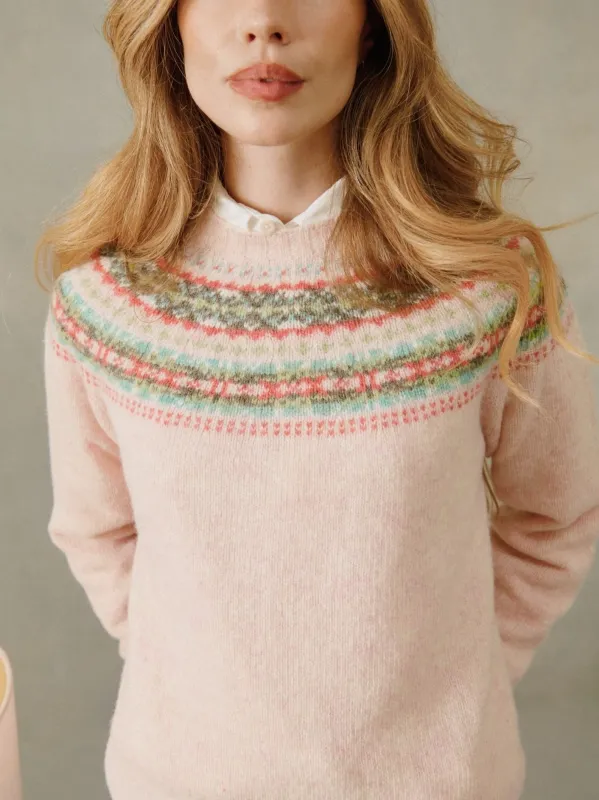 Skye Yoke Fair Isle Women's Sweater - Strawberry Sherbert Pink sold by Bosie Knitwear