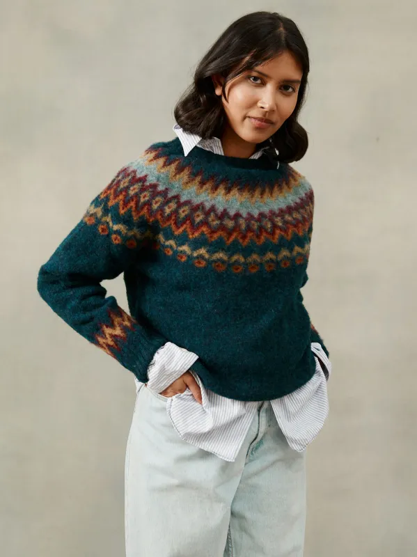 Fjord Yoke Brushed Fair Isle Women's Lambswool Sweater  - Petrel Dark Teal made by Bosie Knitwear