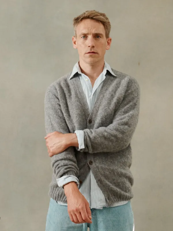 Harley of Scotland Shaggy Shetland Men's V Cardigan - Med Grey sold by Bosie Knitwear