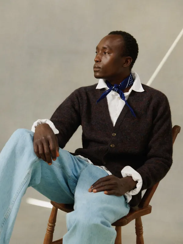 Harley of Scotland Shaggy Shetland Men's V Cardigan - STORM sold by Bosie Knitwear