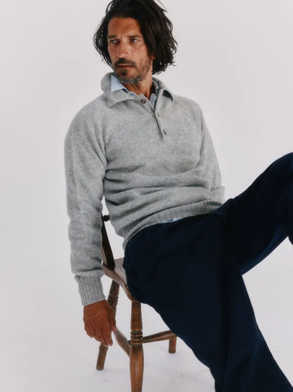 Harley of Scotland Mens Shetland Eton Collar Sweater - Silver Grey made by Bosie Knitwear